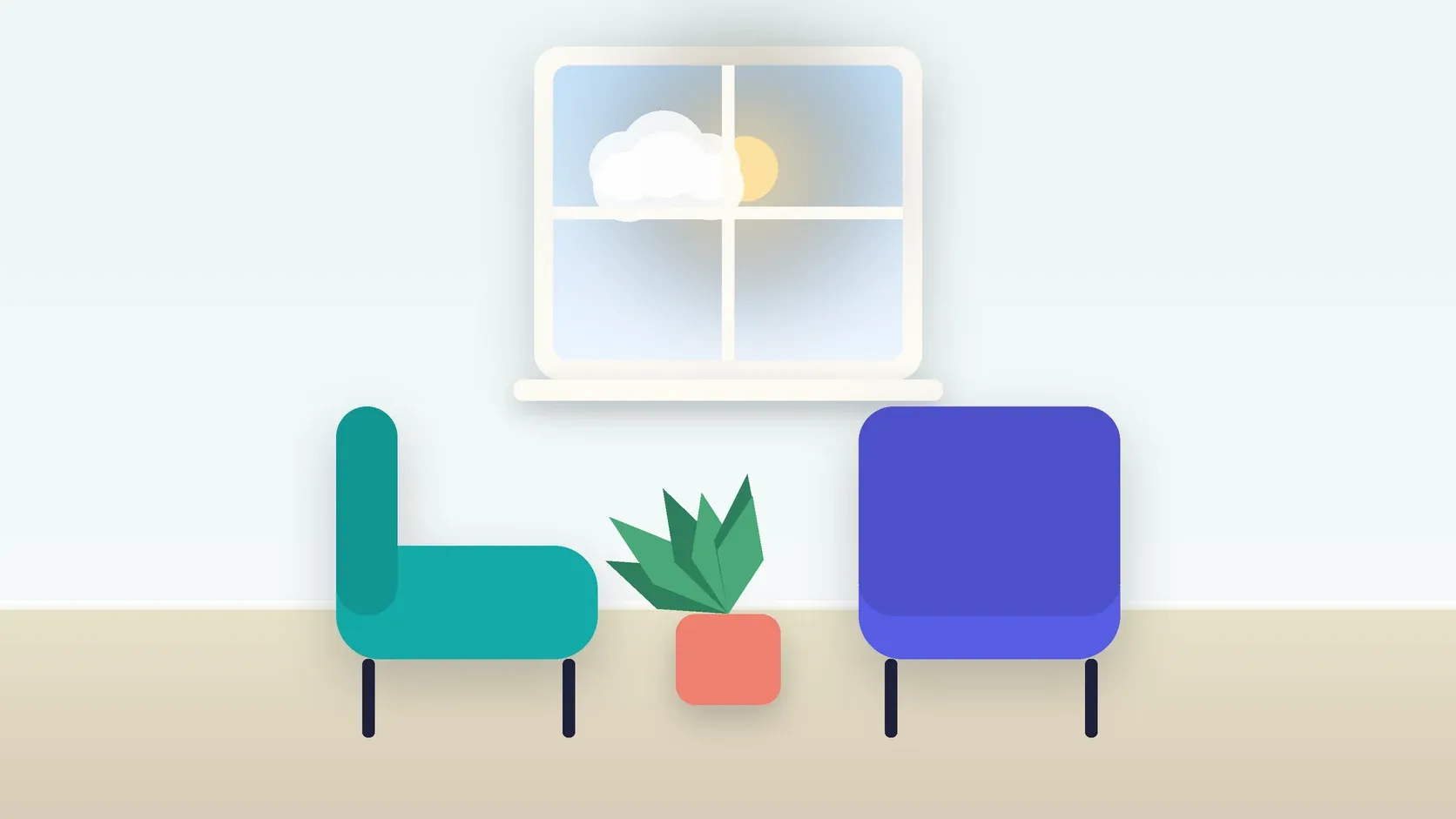 Illustration of two armchairs facing each other in a bright therapy room with a plant and a window