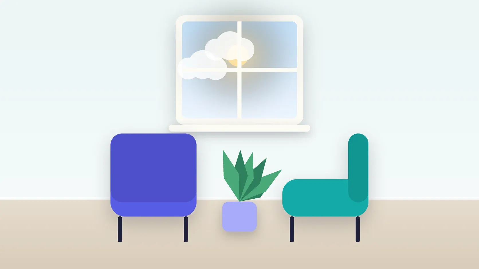 Illustration of two armchairs facing each other in a bright therapy room with a plant and a window