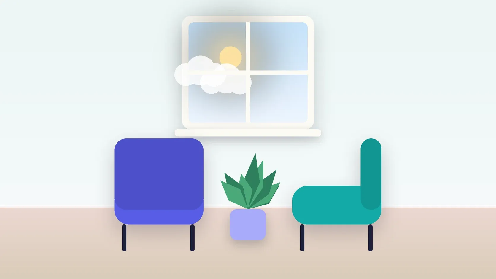 Illustration of two armchairs facing each other in a bright therapy room with a plant and a window
