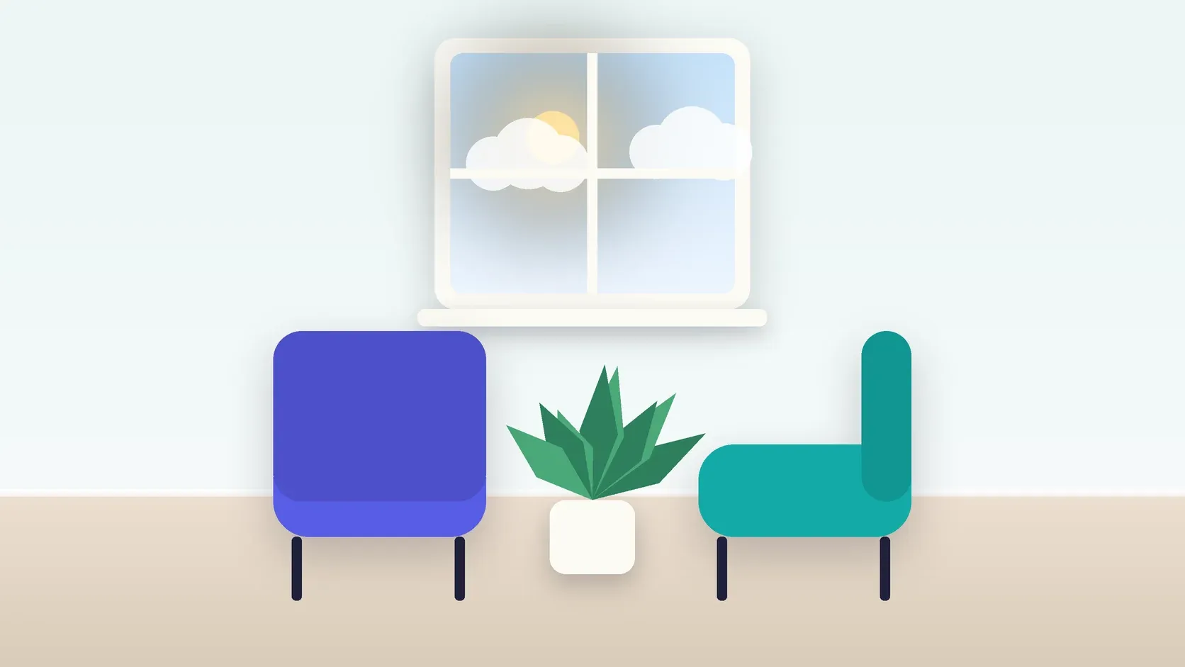 Illustration of two armchairs facing each other in a bright therapy room with a plant and a window