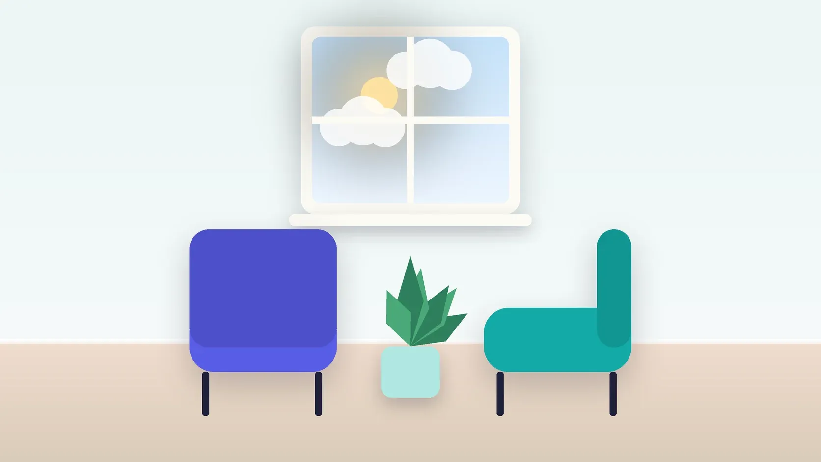 Illustration of two armchairs facing each other in a bright therapy room with a plant and a window