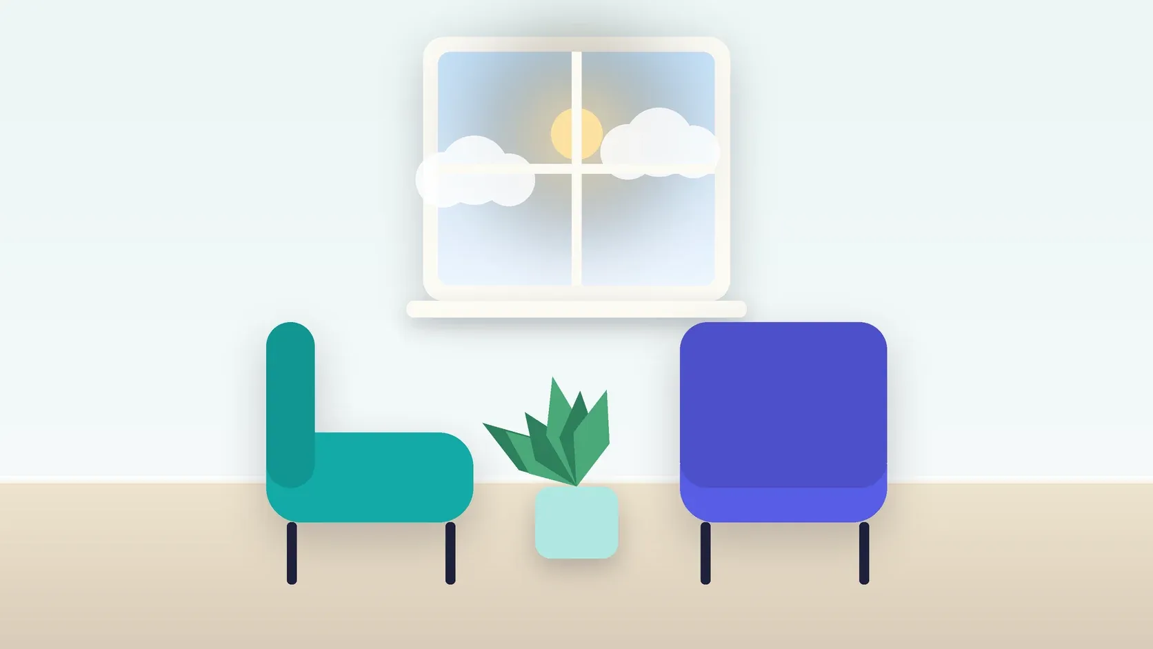 Illustration of two armchairs facing each other in a bright therapy room with a plant and a window