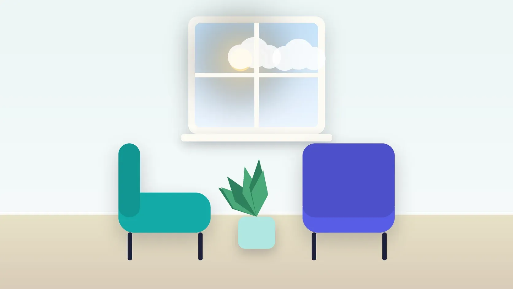 Illustration of two armchairs facing each other in a bright therapy room with a plant and a window