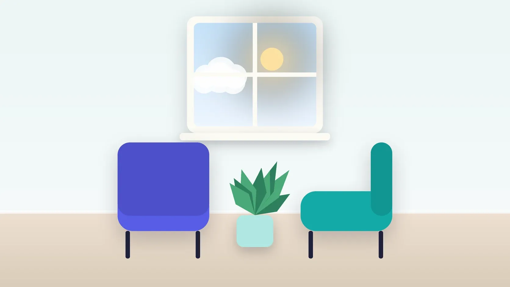 Illustration of two armchairs facing each other in a bright therapy room with a plant and a window