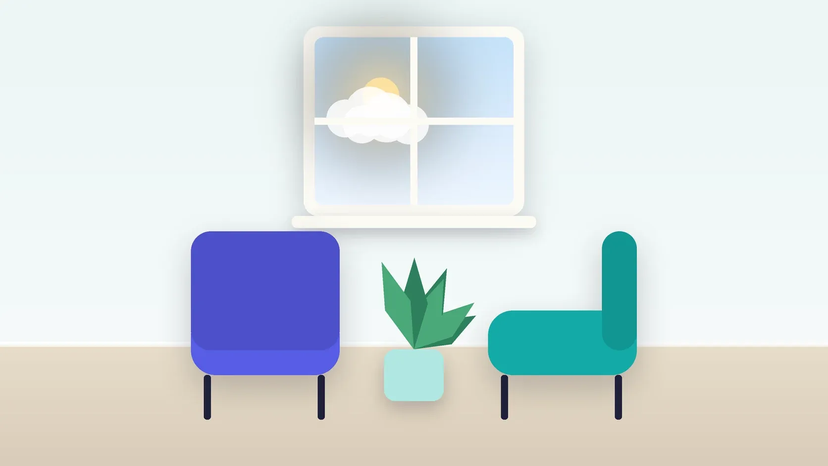 Illustration of two armchairs facing each other in a bright therapy room with a plant and a window