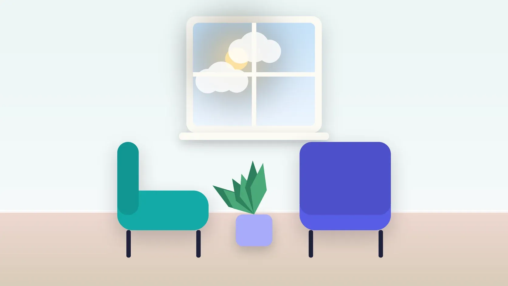Illustration of two armchairs facing each other in a bright therapy room with a plant and a window