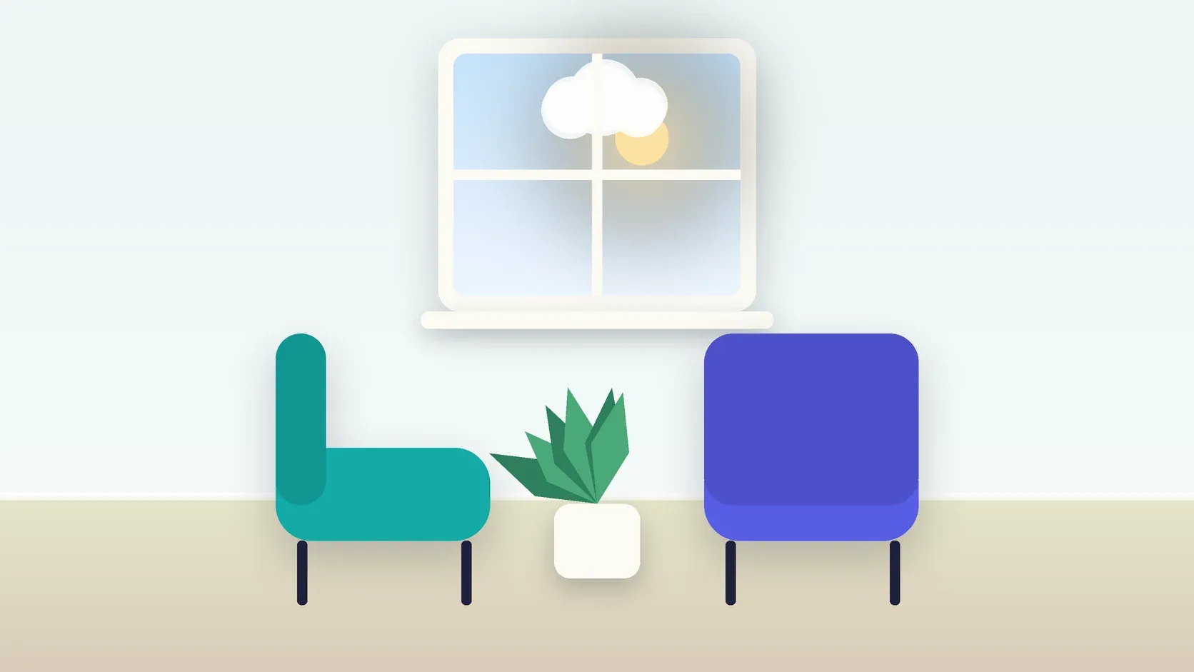 Illustration of two armchairs facing each other in a bright therapy room with a plant and a window