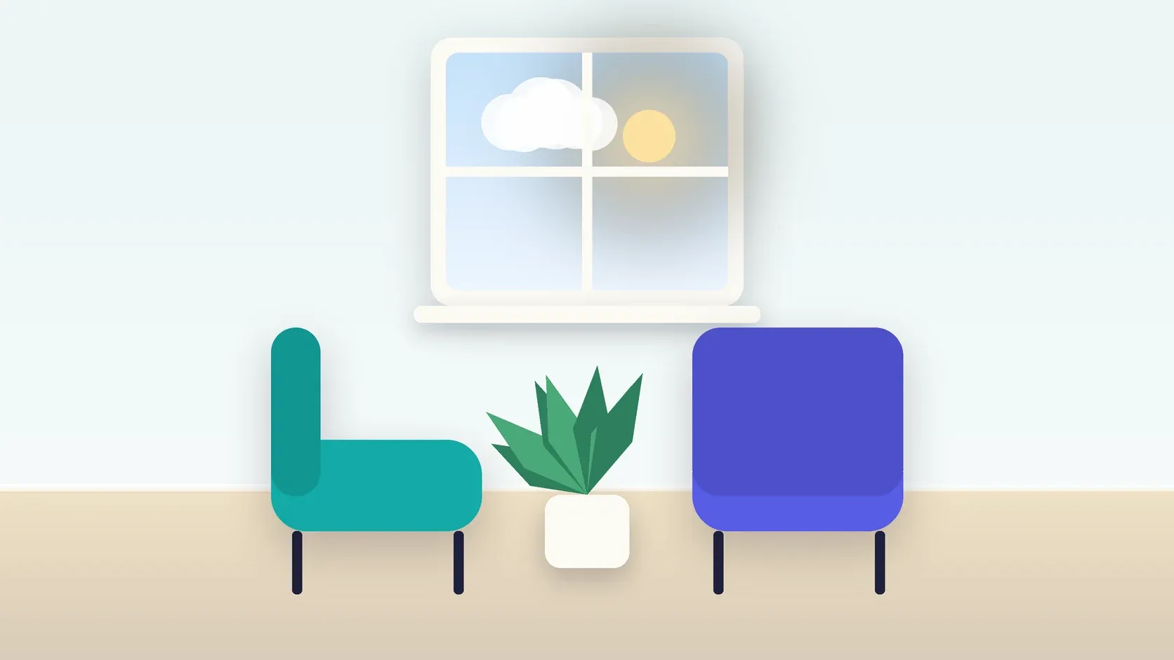 Illustration of two armchairs facing each other in a bright therapy room with a plant and a window