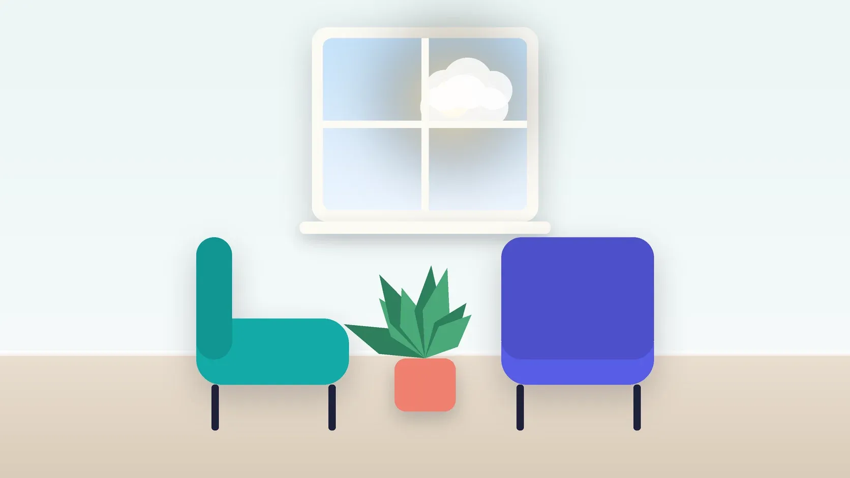 Illustration of two armchairs facing each other in a bright therapy room with a plant and a window