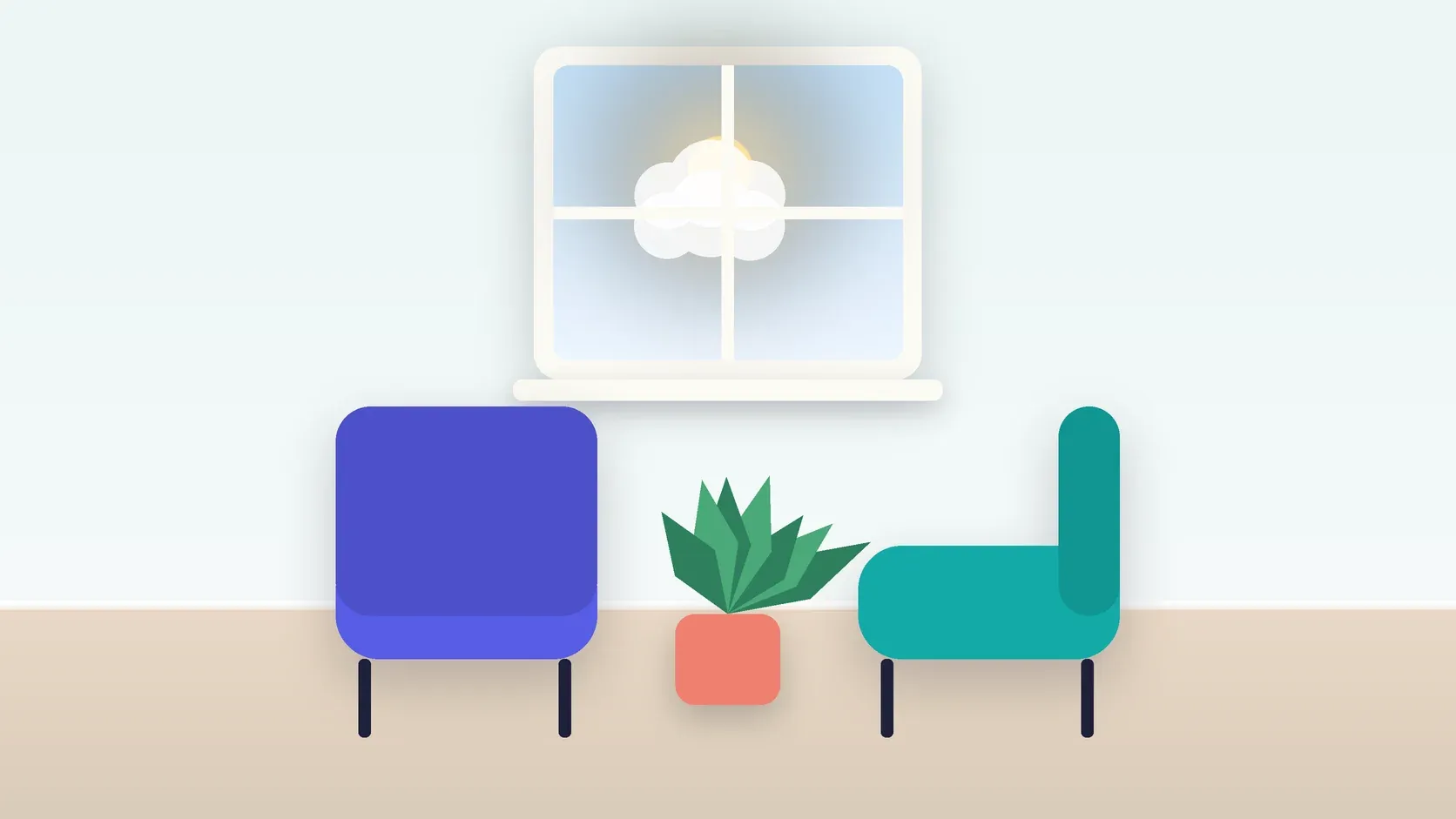 Illustration of two armchairs facing each other in a bright therapy room with a plant and a window