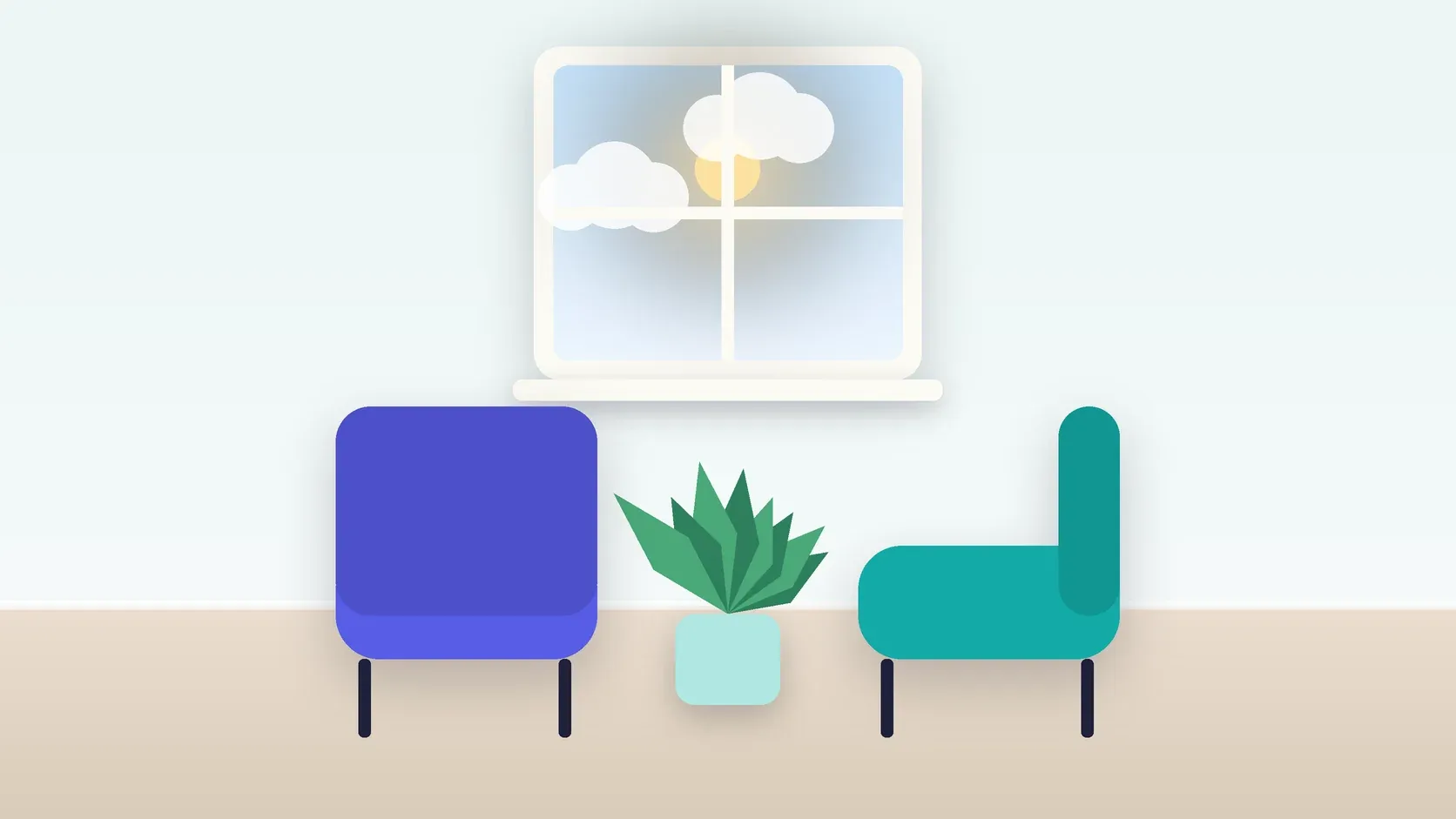 Illustration of two armchairs facing each other in a bright therapy room with a plant and a window