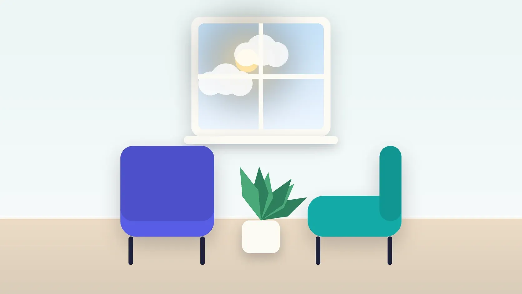 Illustration of two armchairs facing each other in a bright therapy room with a plant and a window