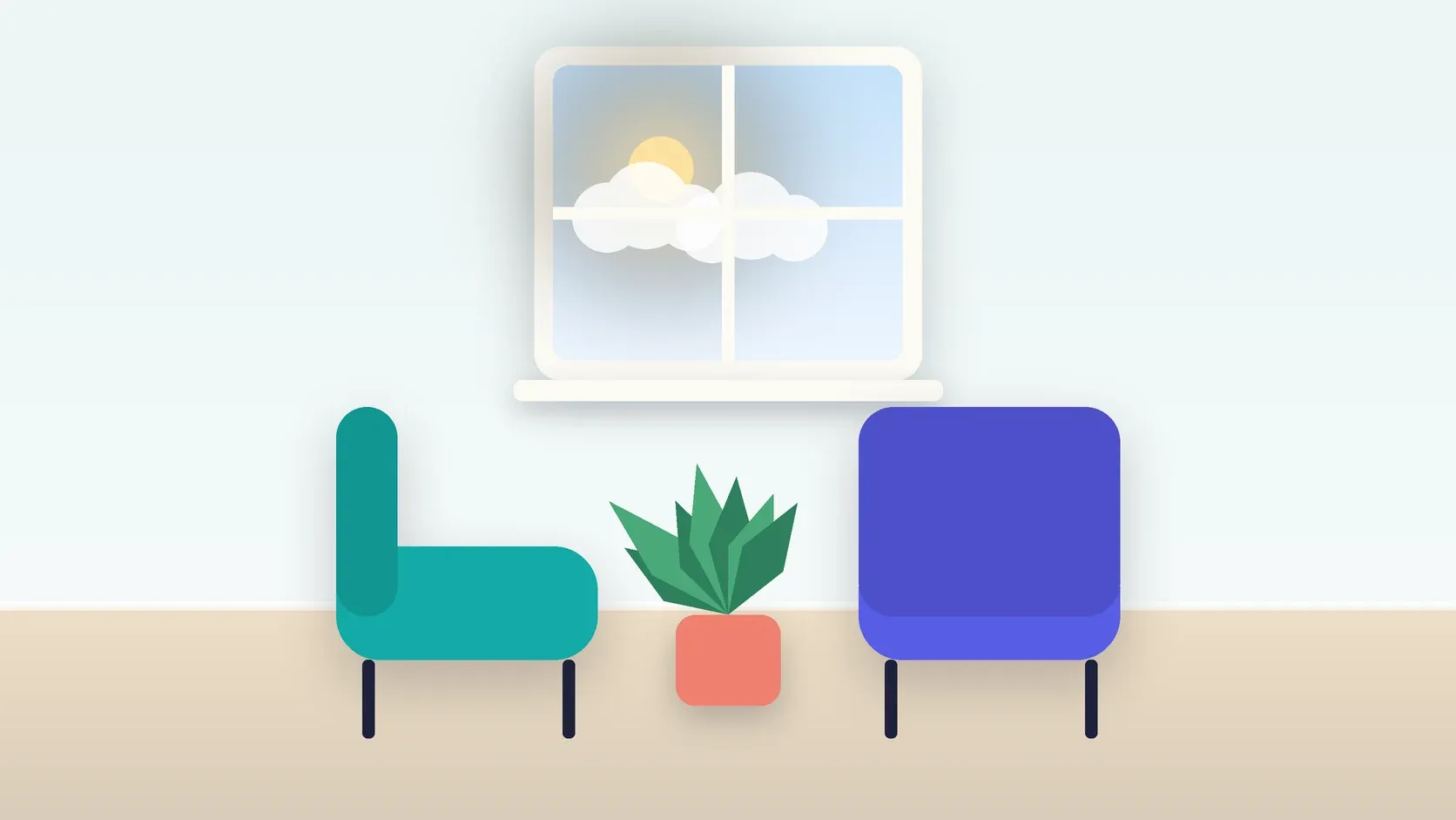 Illustration of two armchairs facing each other in a bright therapy room with a plant and a window