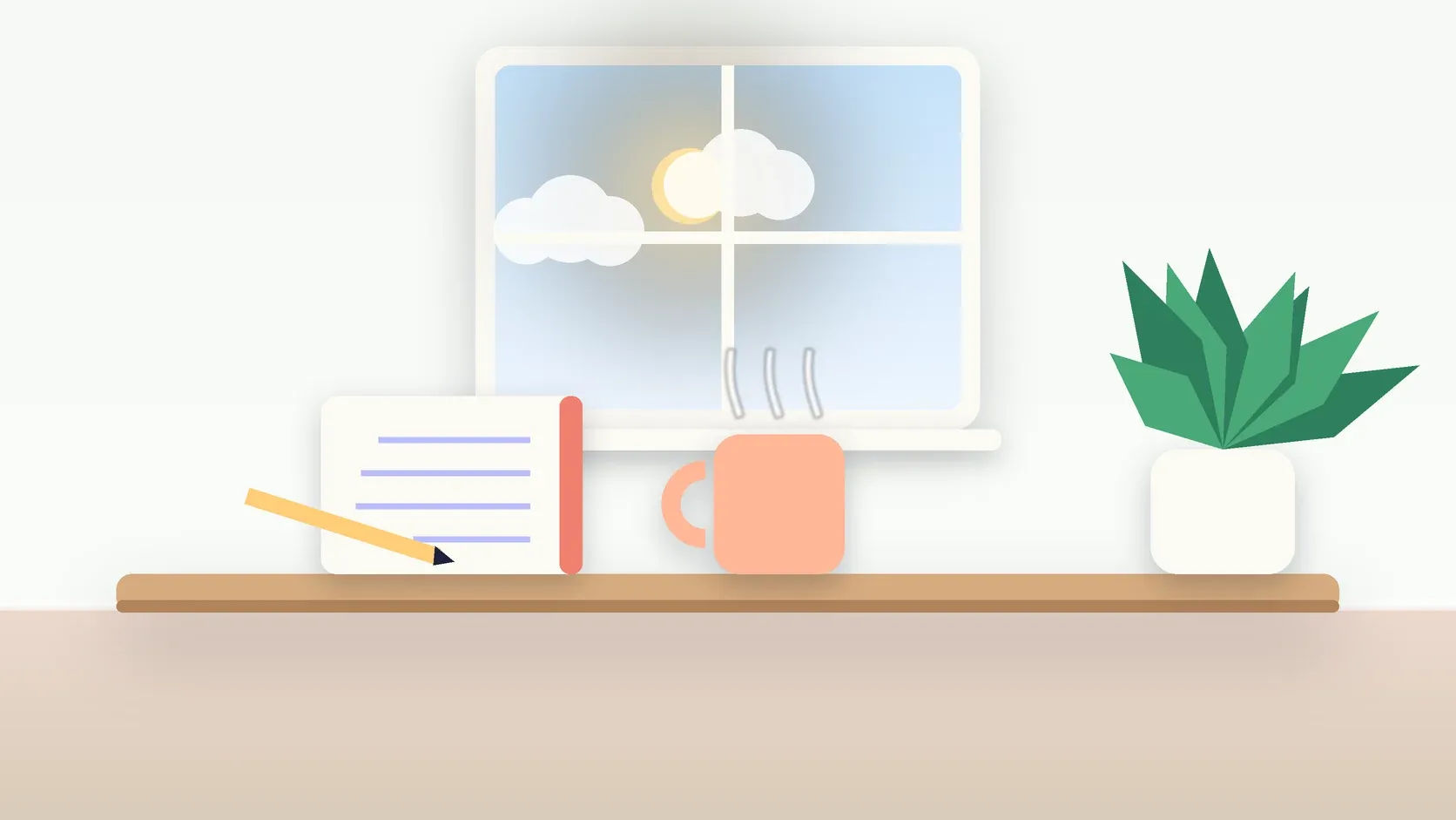 Illustration of a sunlit window above a desk with a large plant, a mug and a journal