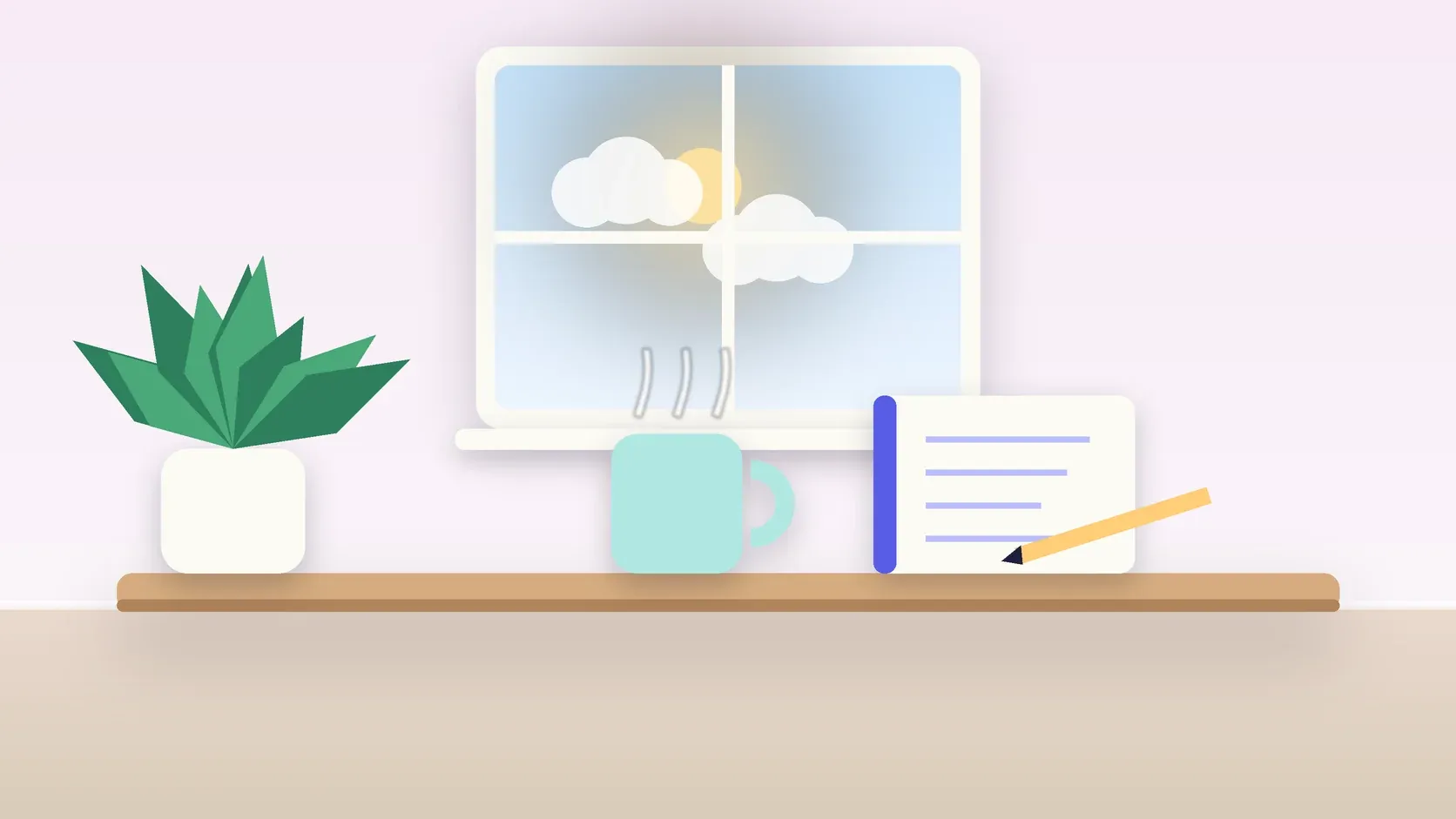 Illustration of a sunlit window above a desk with a large plant, a mug and a journal