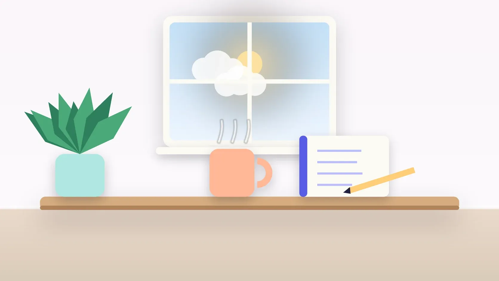 Illustration of a sunlit window above a desk with a large plant, a mug and a journal