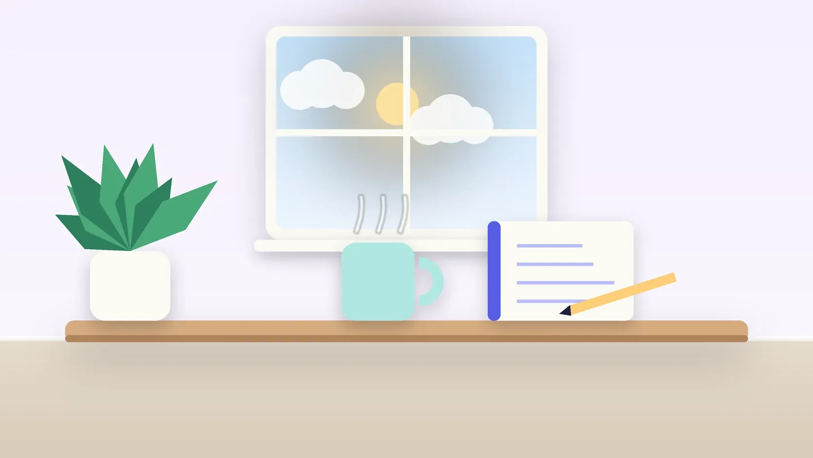 Illustration of a sunlit window above a desk with a large plant, a mug and a journal