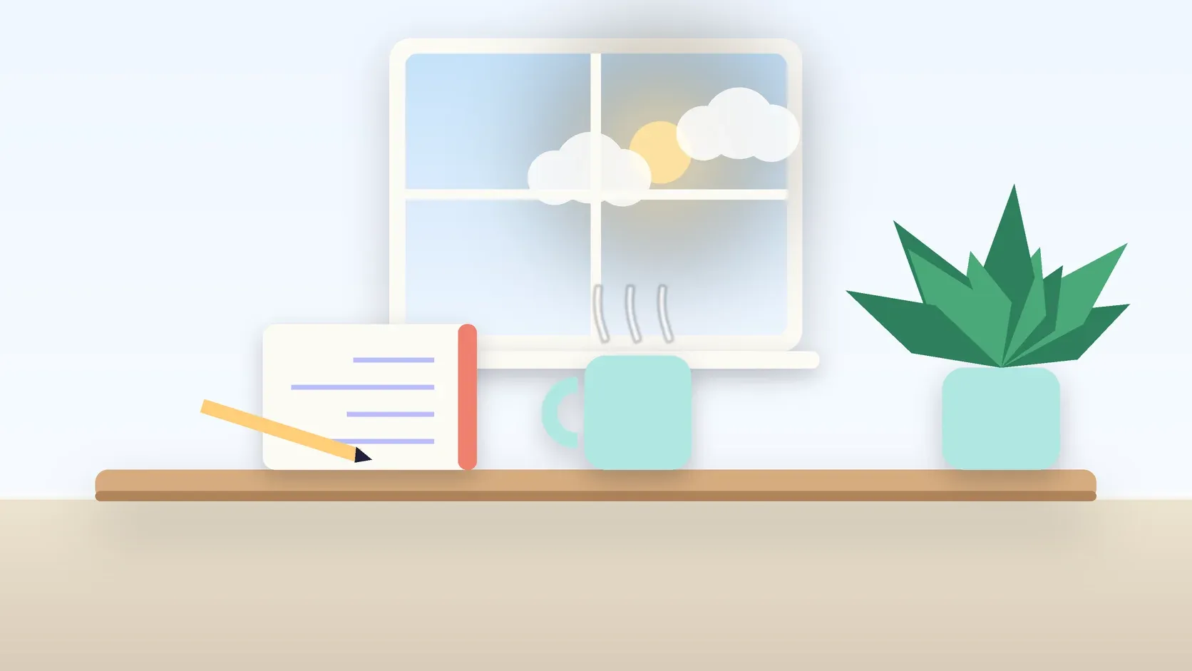 Illustration of a sunlit window above a desk with a large plant, a mug and a journal