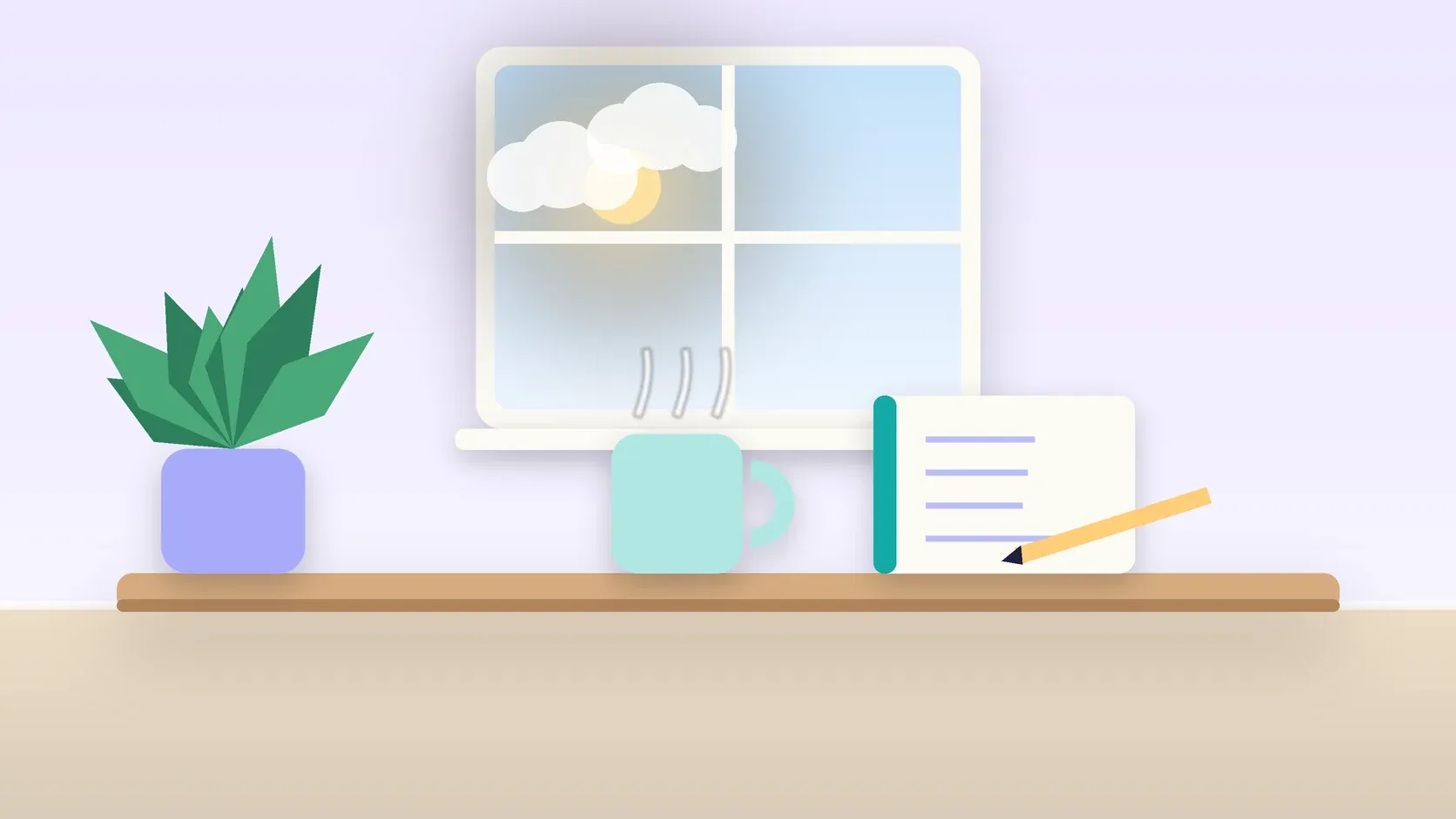 Illustration of a sunlit window above a desk with a large plant, a mug and a journal