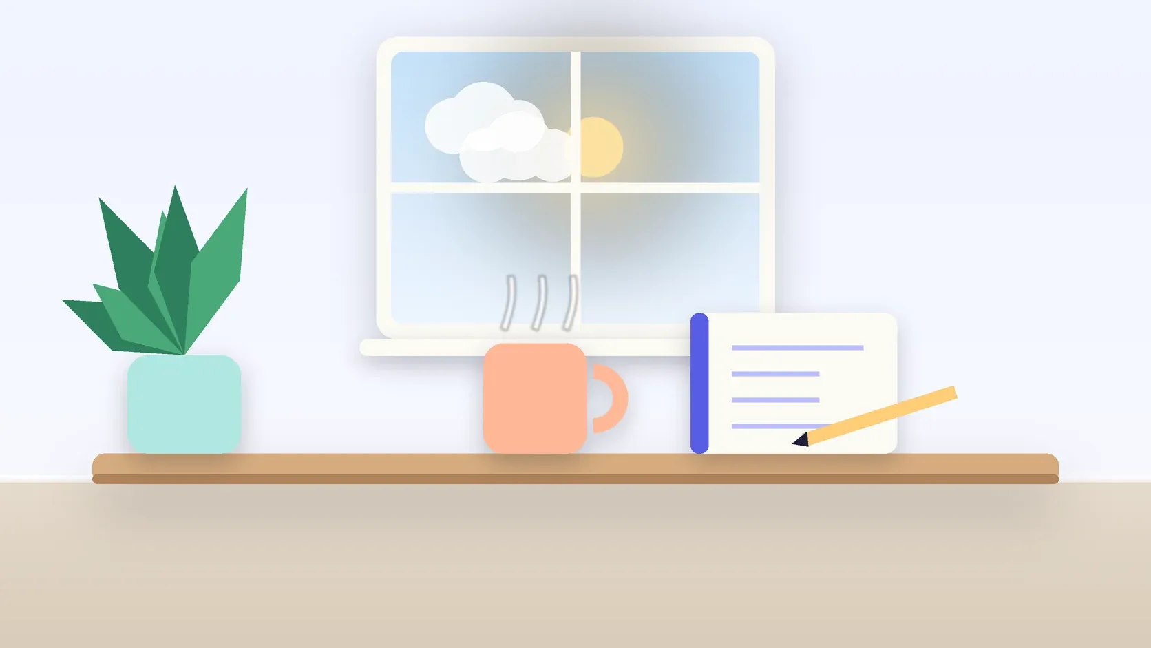 Illustration of a sunlit window above a desk with a large plant, a mug and a journal