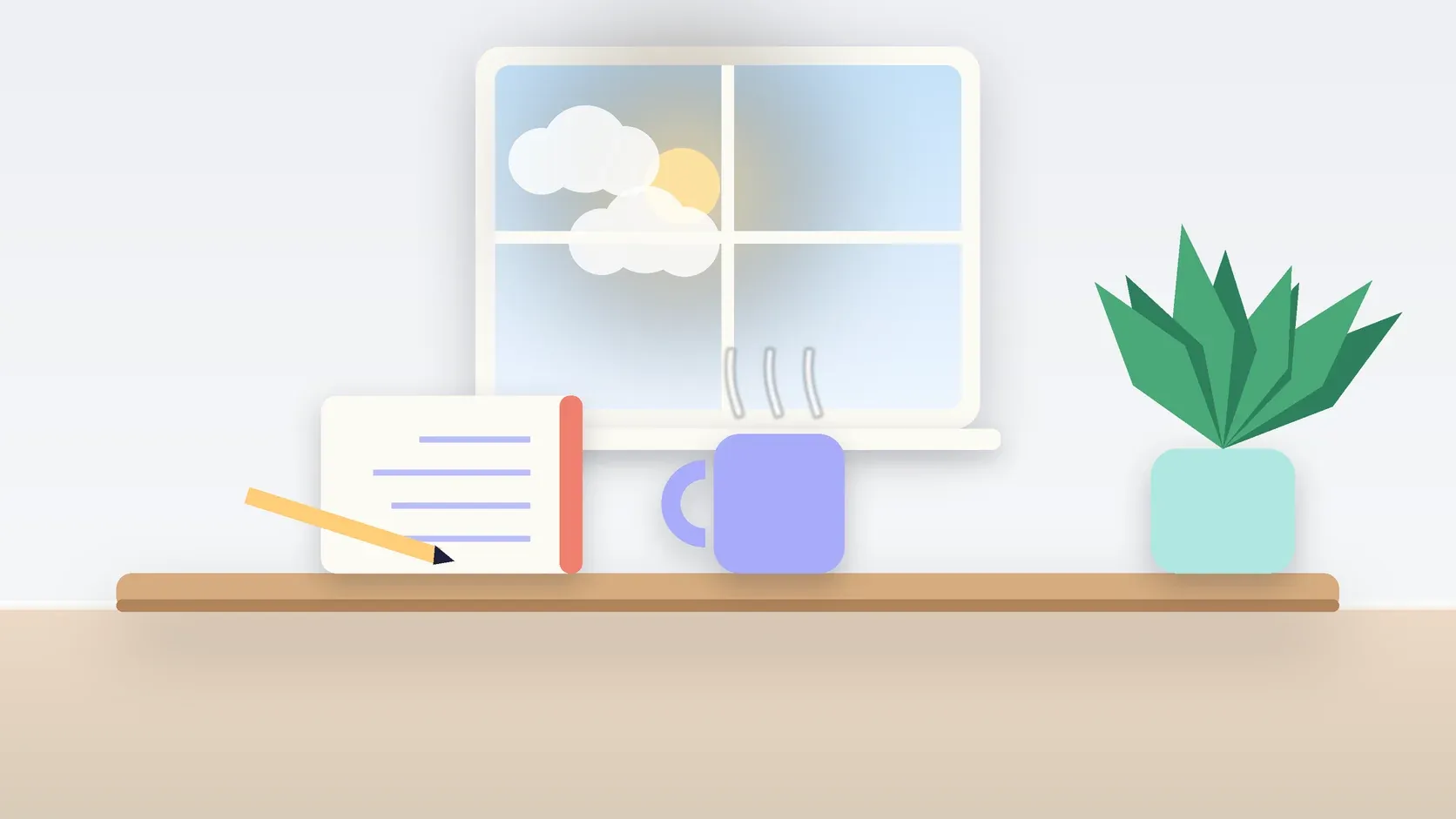 Illustration of a sunlit window above a desk with a large plant, a mug and a journal