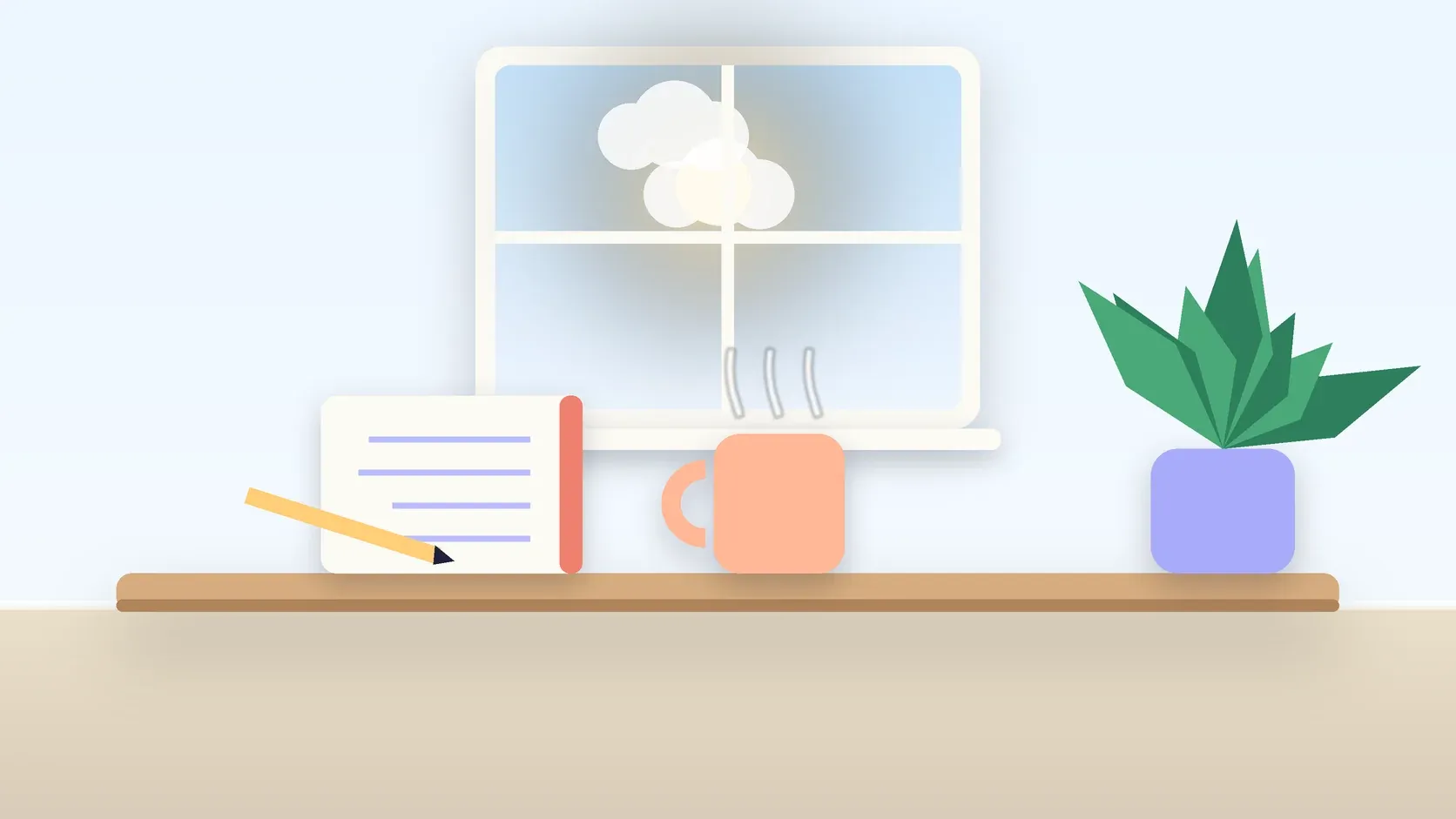 Illustration of a sunlit window above a desk with a large plant, a mug and a journal