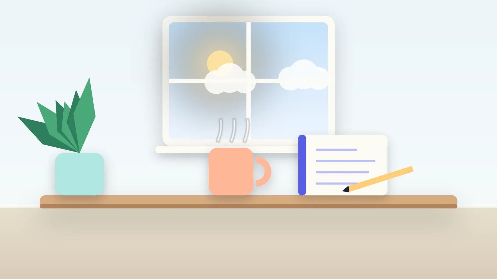Illustration of a sunlit window above a desk with a large plant, a mug and a journal