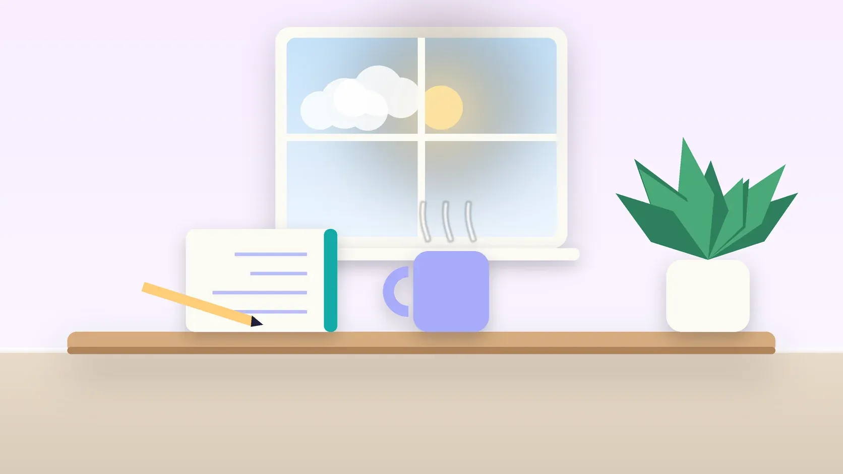 Illustration of a sunlit window above a desk with a large plant, a mug and a journal