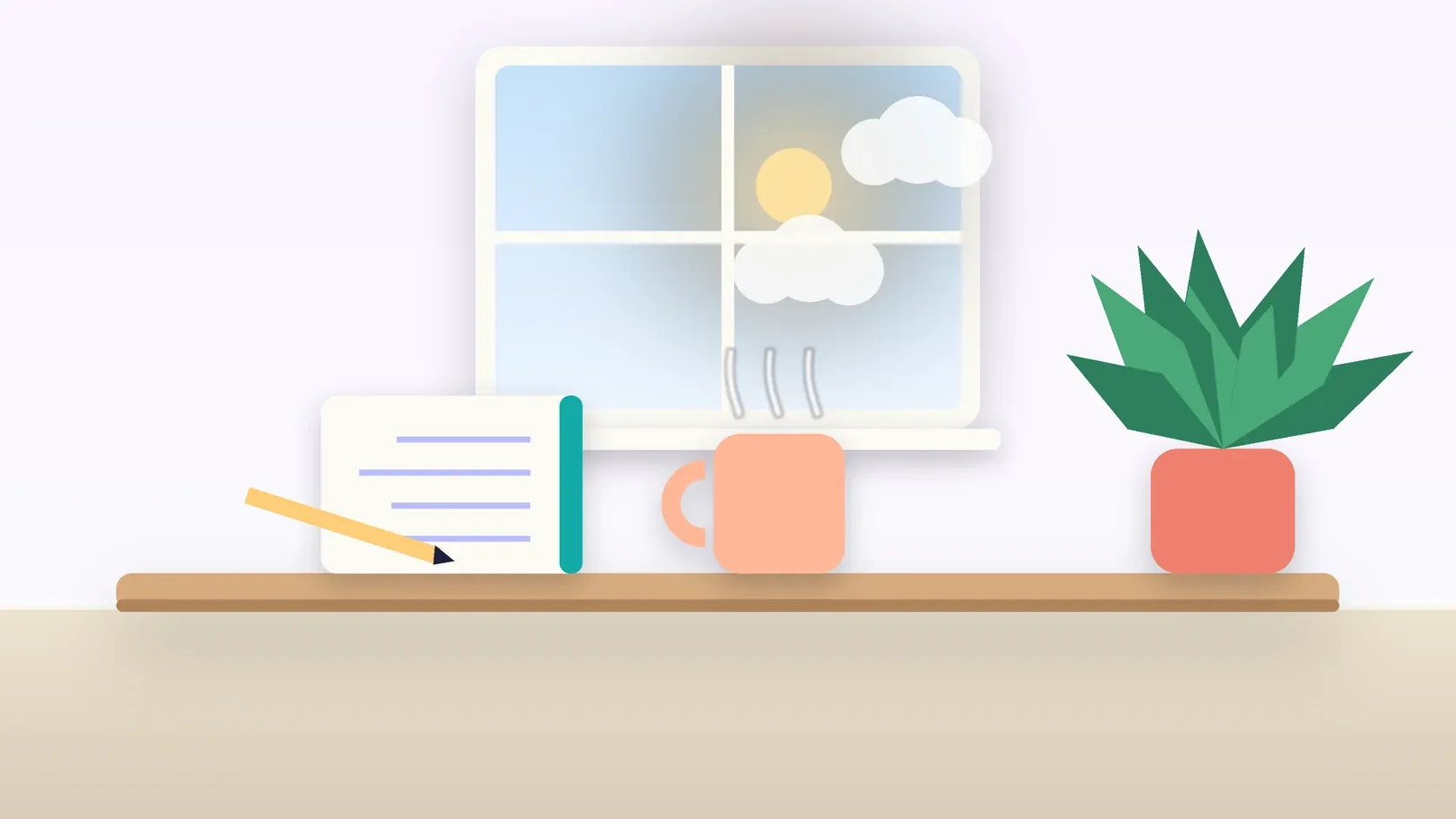 Illustration of a sunlit window above a desk with a large plant, a mug and a journal