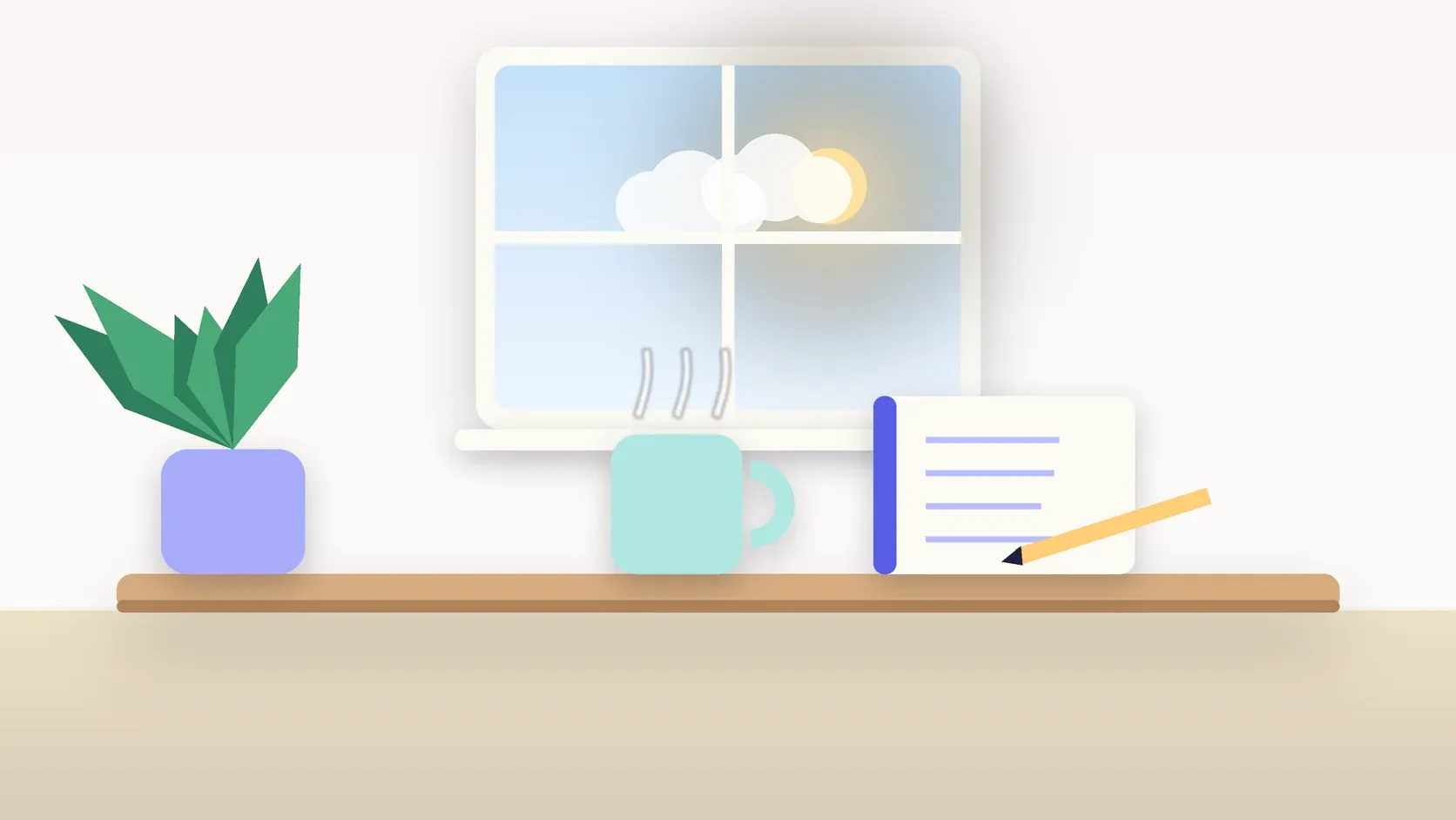 Illustration of a sunlit window above a desk with a large plant, a mug and a journal