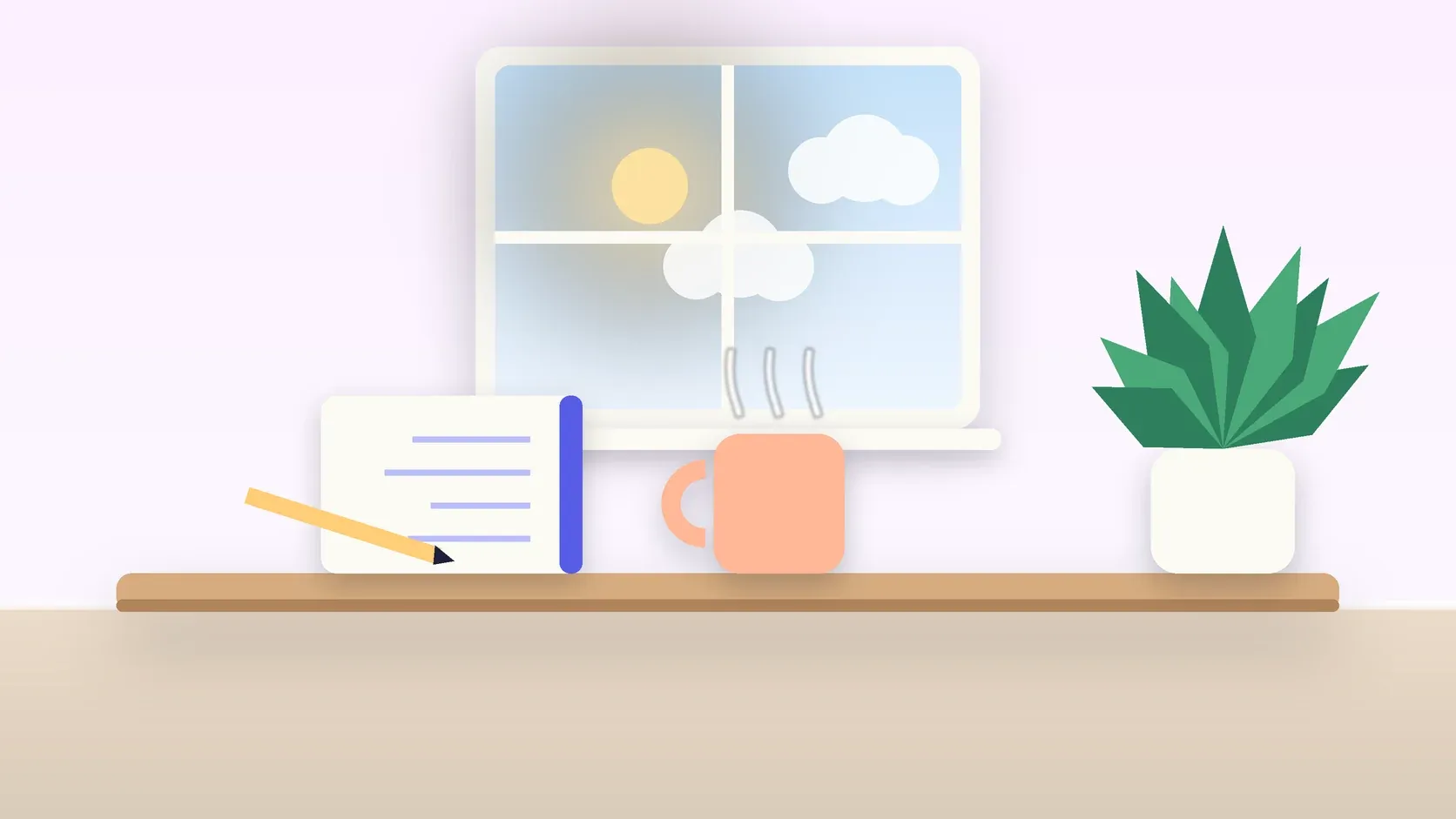 Illustration of a sunlit window above a desk with a large plant, a mug and a journal