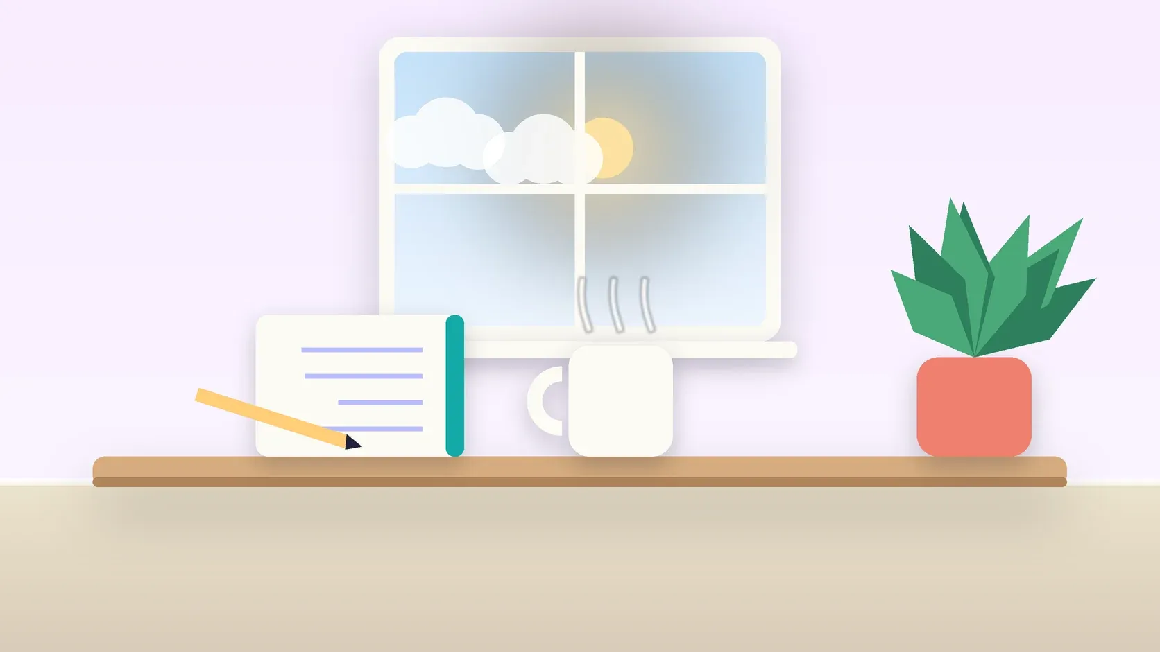 Illustration of a sunlit window above a desk with a large plant, a mug and a journal