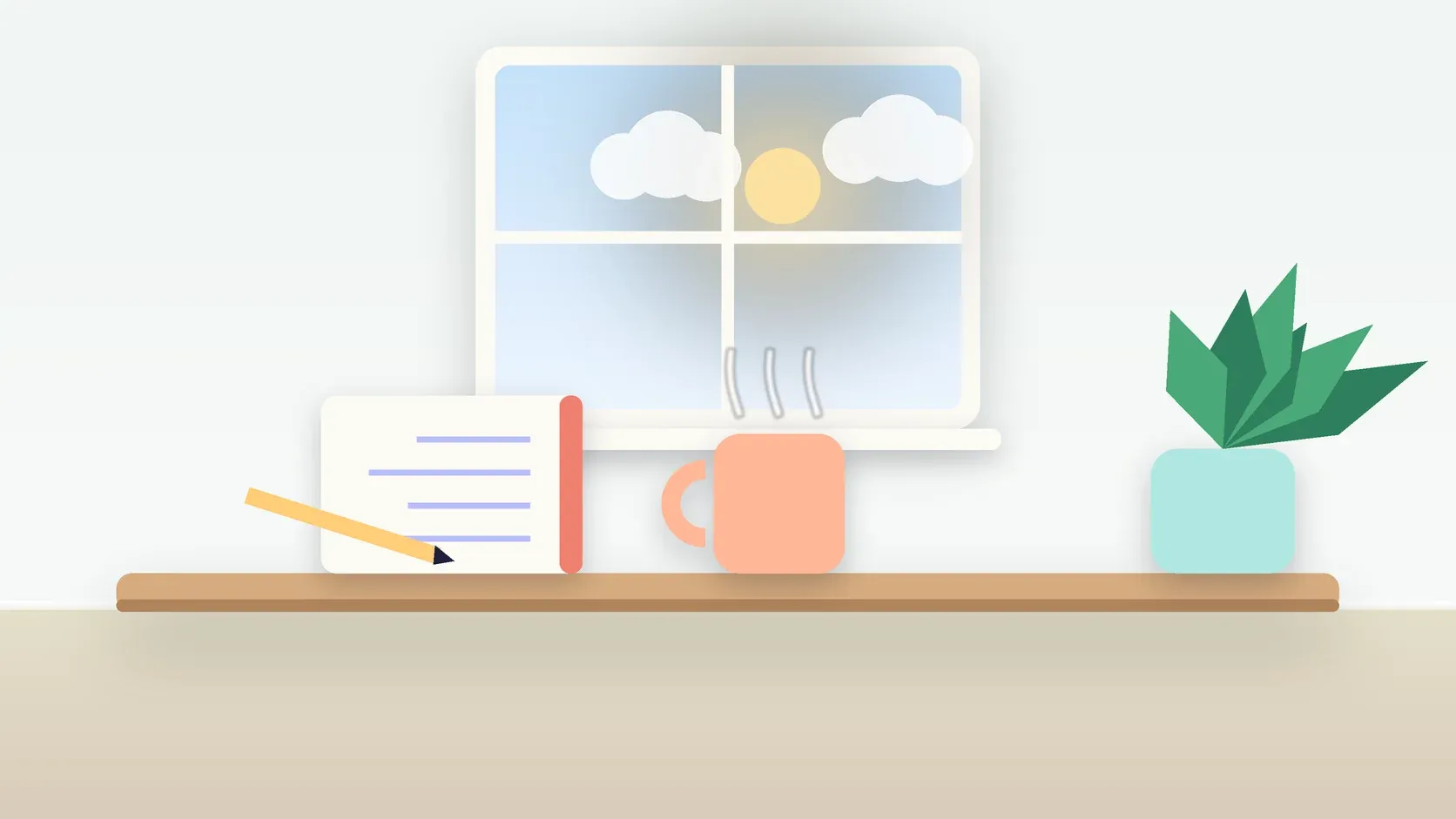 Illustration of a sunlit window above a desk with a large plant, a mug and a journal