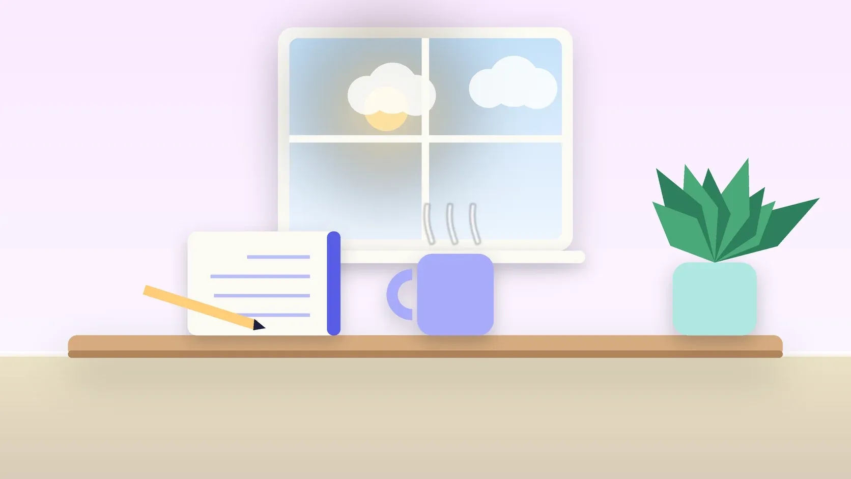 Illustration of a sunlit window above a desk with a large plant, a mug and a journal