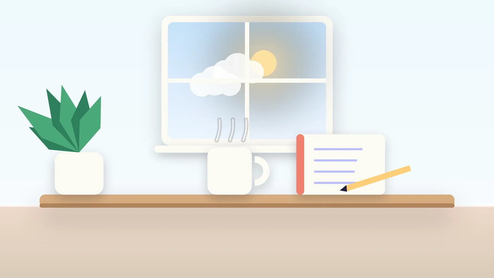 Illustration of a sunlit window above a desk with a large plant, a mug and a journal