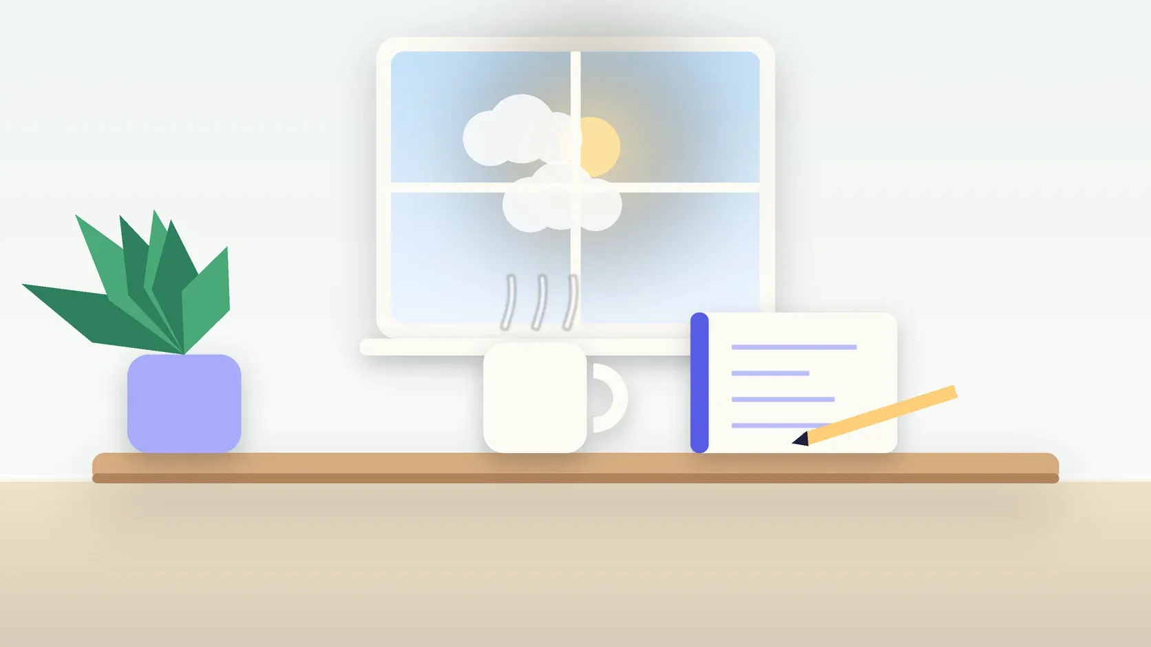 Illustration of a sunlit window above a desk with a large plant, a mug and a journal