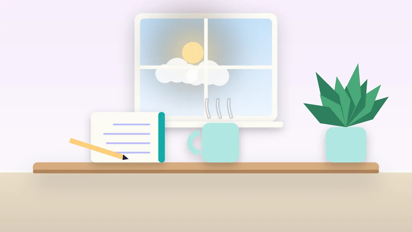 Illustration of a sunlit window above a desk with a large plant, a mug and a journal