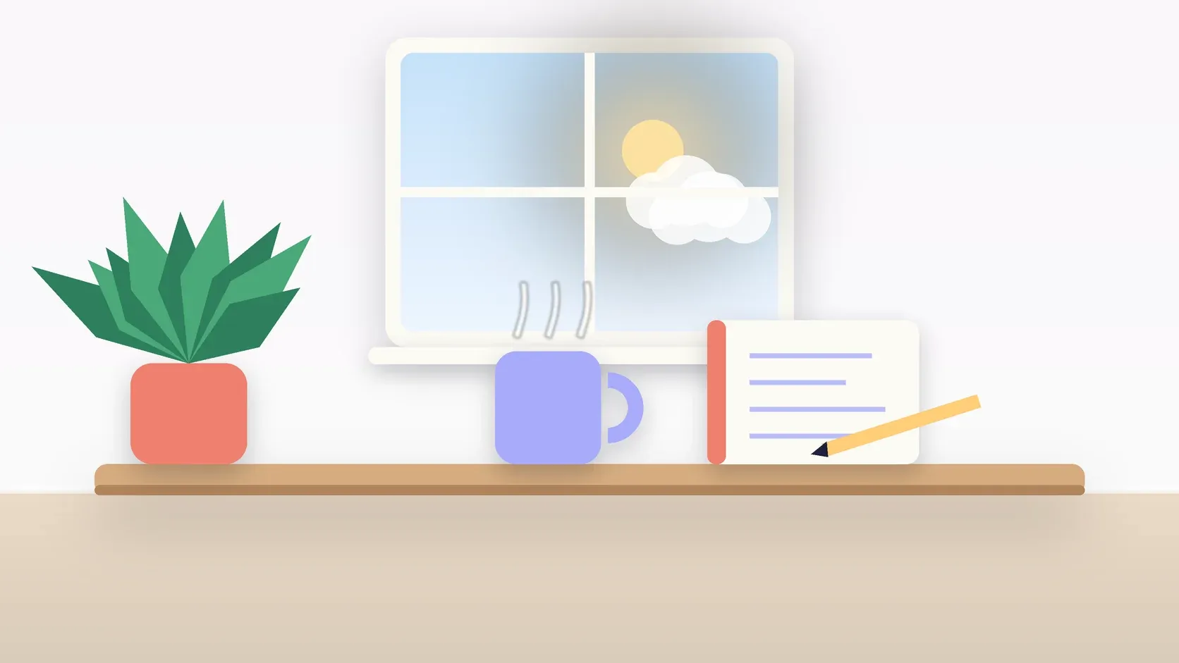 Illustration of a sunlit window above a desk with a large plant, a mug and a journal