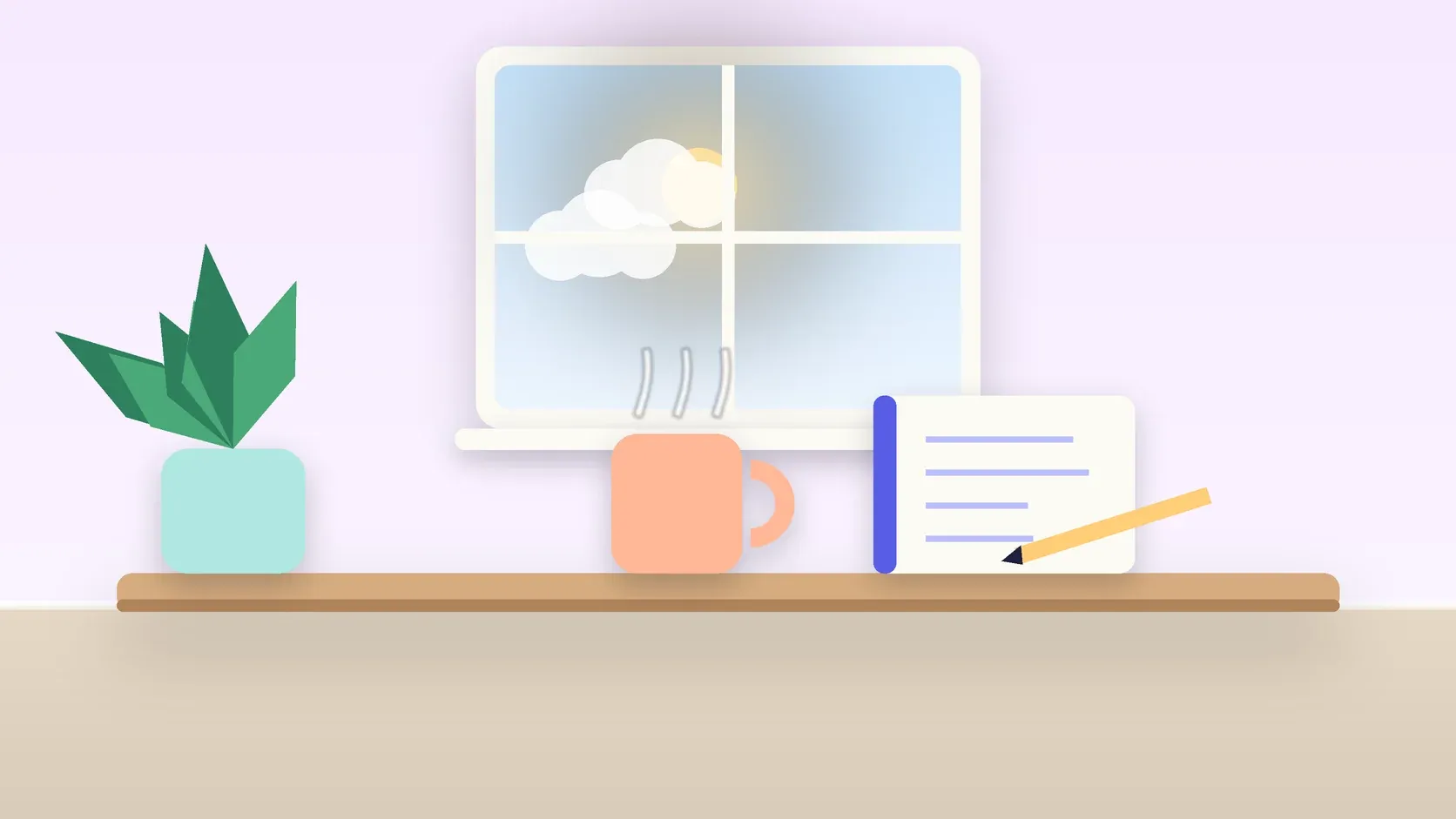 Illustration of a sunlit window above a desk with a large plant, a mug and a journal