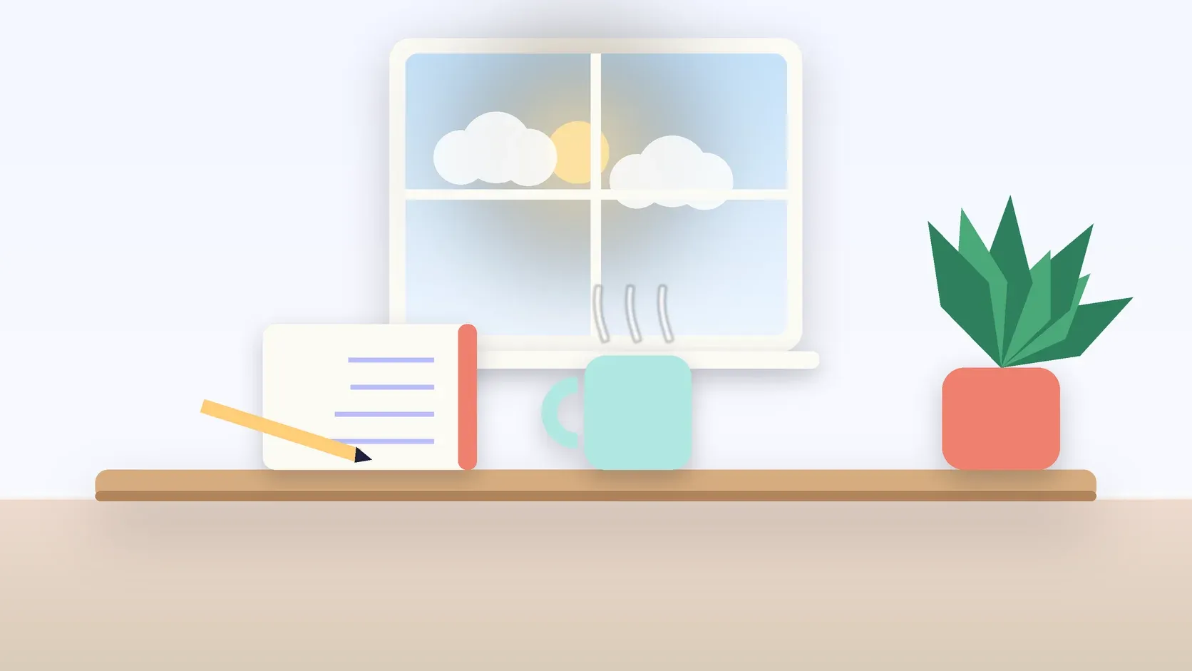 Illustration of a sunlit window above a desk with a large plant, a mug and a journal