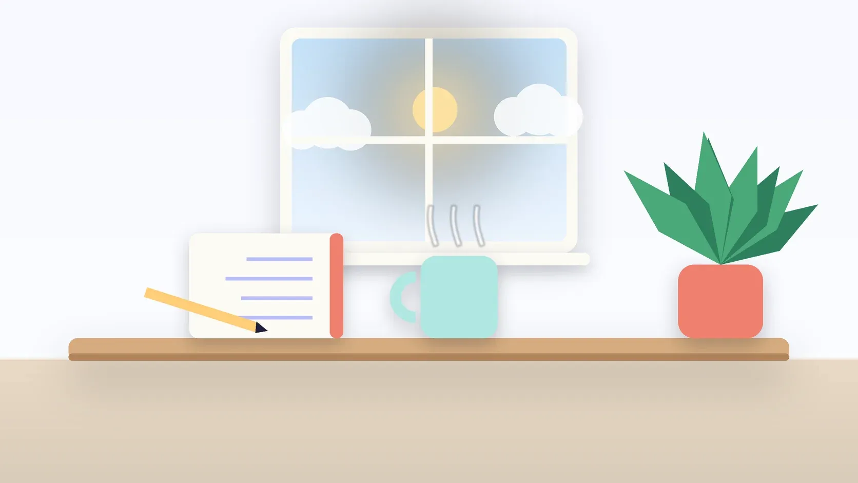 Illustration of a sunlit window above a desk with a large plant, a mug and a journal