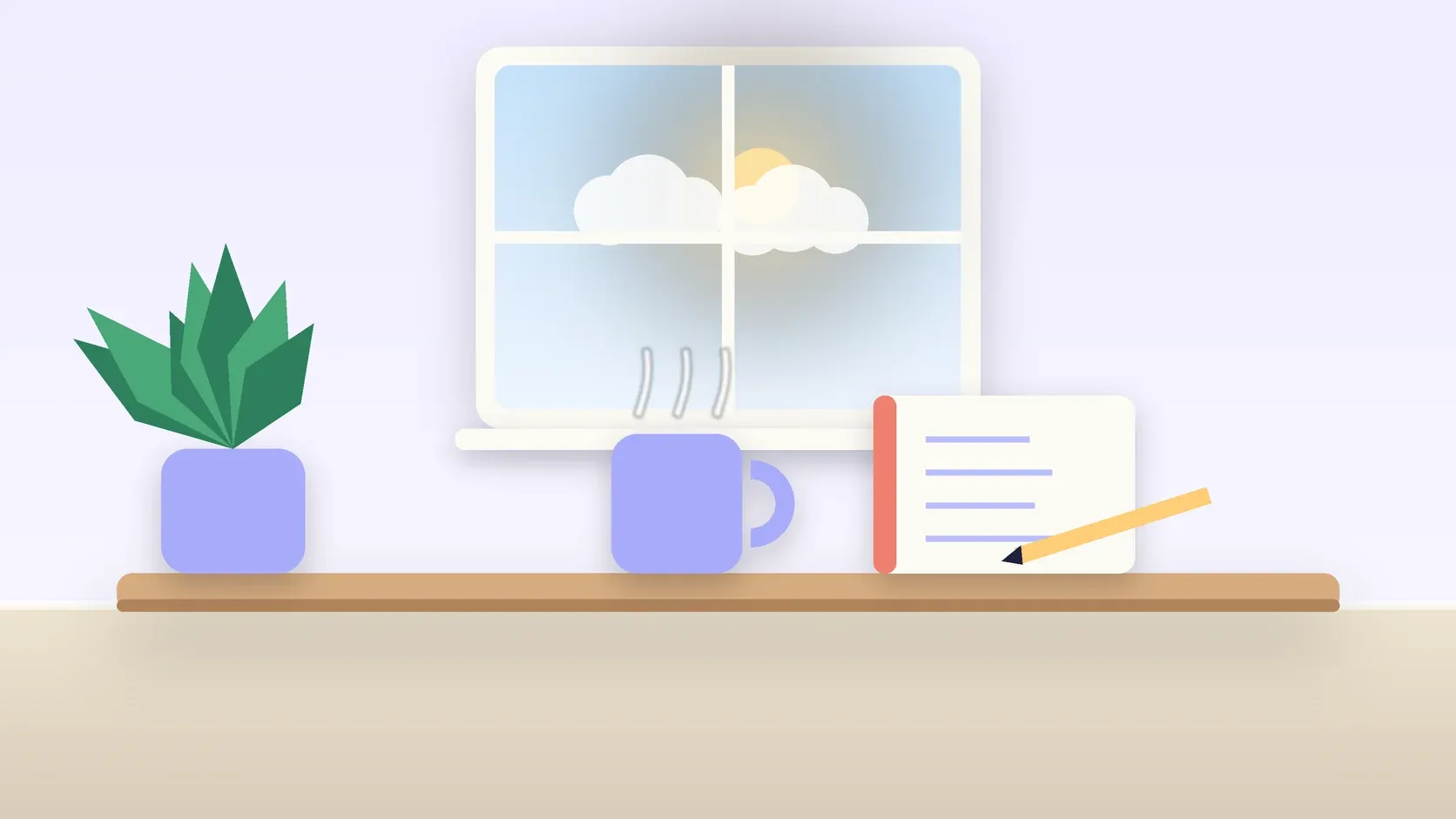 Illustration of a sunlit window above a desk with a large plant, a mug and a journal