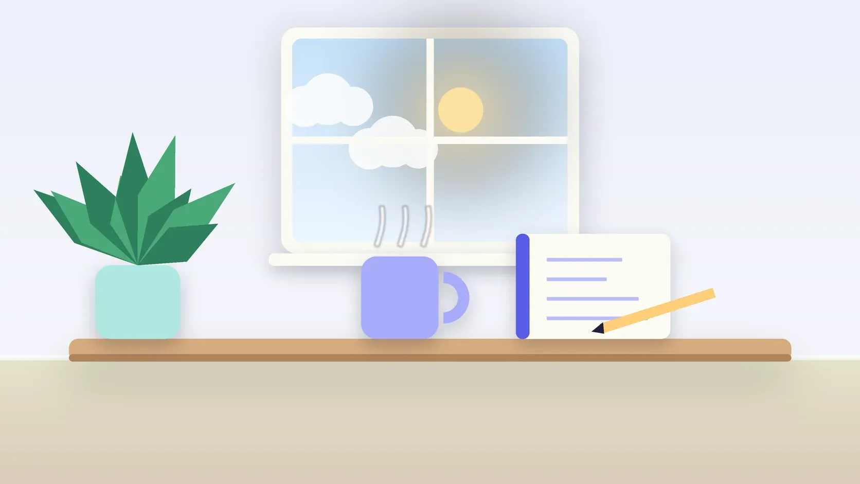 Illustration of a sunlit window above a desk with a large plant, a mug and a journal