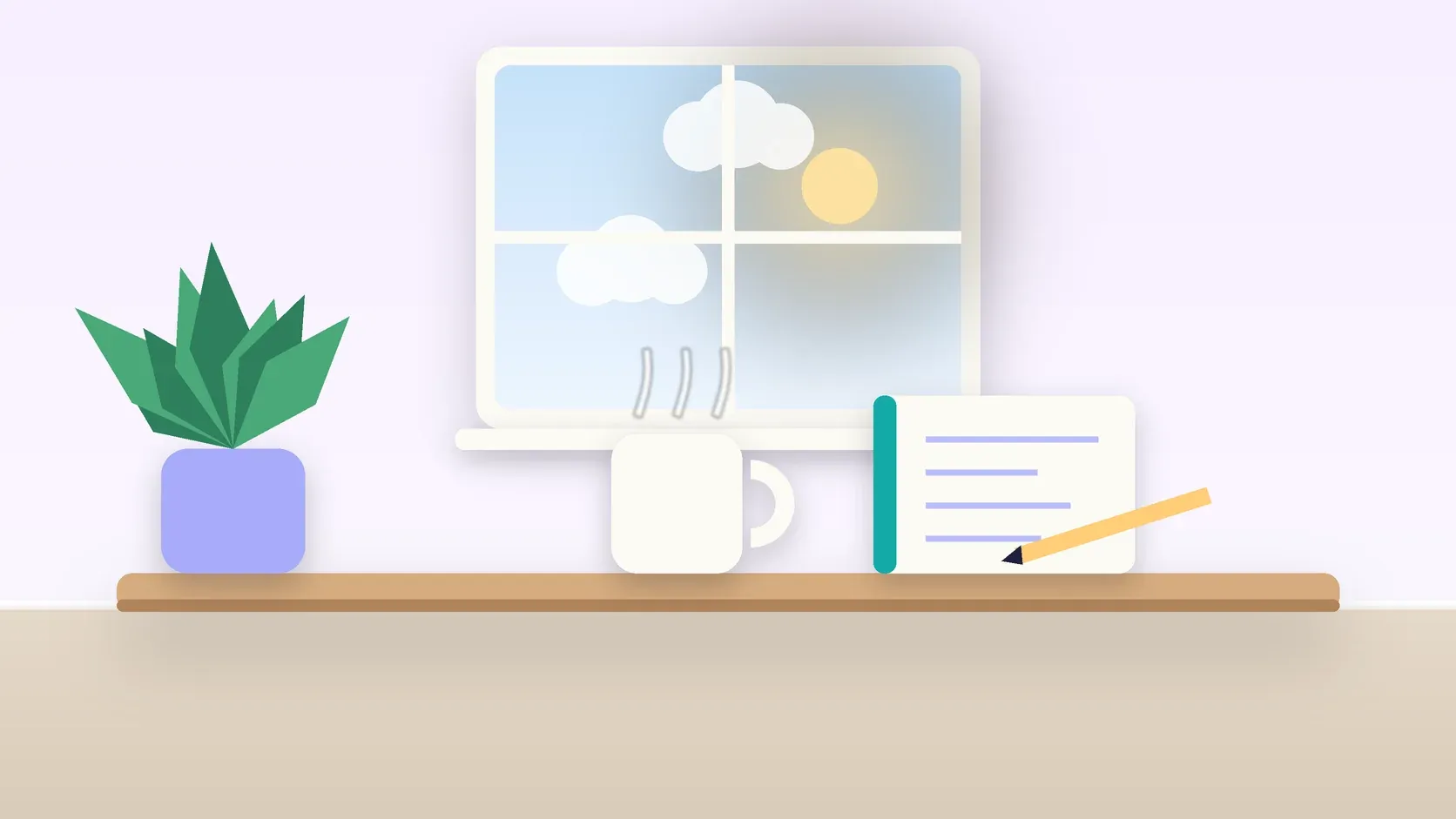Illustration of a sunlit window above a desk with a large plant, a mug and a journal