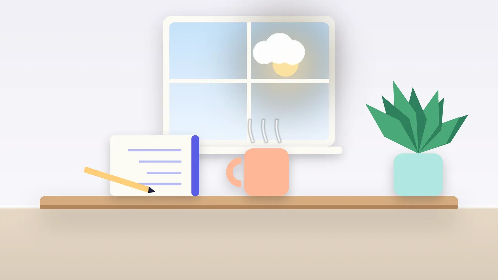 Illustration of a sunlit window above a desk with a large plant, a mug and a journal