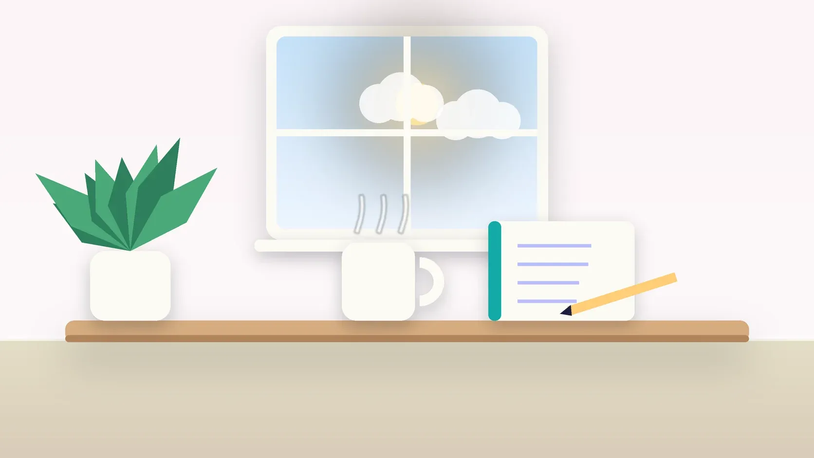 Illustration of a sunlit window above a desk with a large plant, a mug and a journal