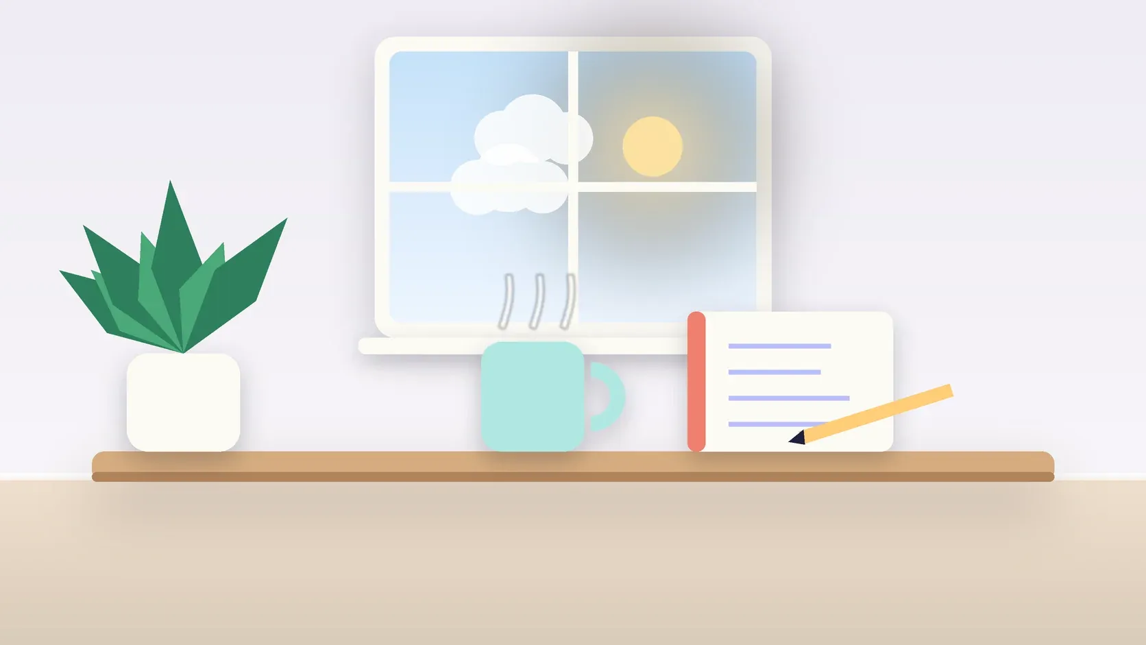 Illustration of a sunlit window above a desk with a large plant, a mug and a journal