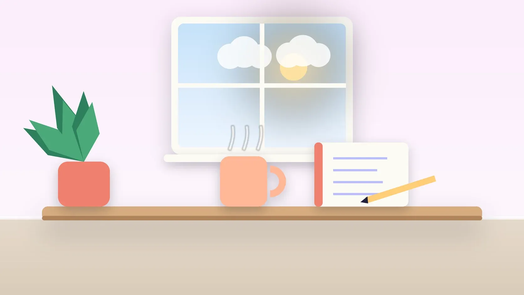 Illustration of a sunlit window above a desk with a large plant, a mug and a journal