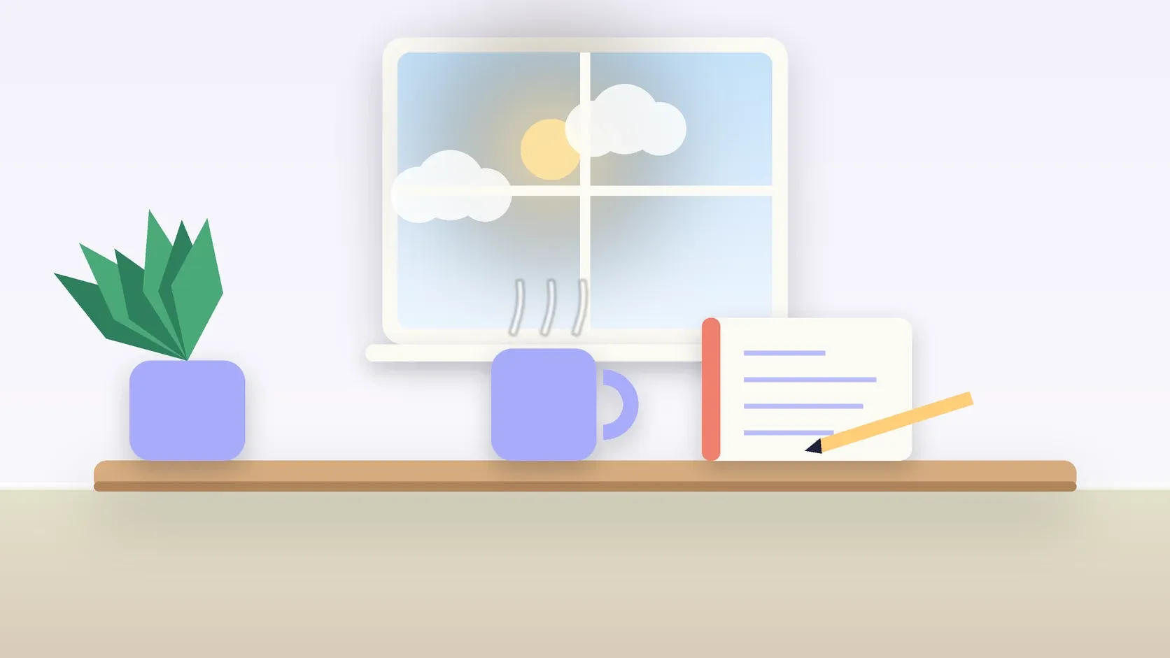 Illustration of a sunlit window above a desk with a large plant, a mug and a journal