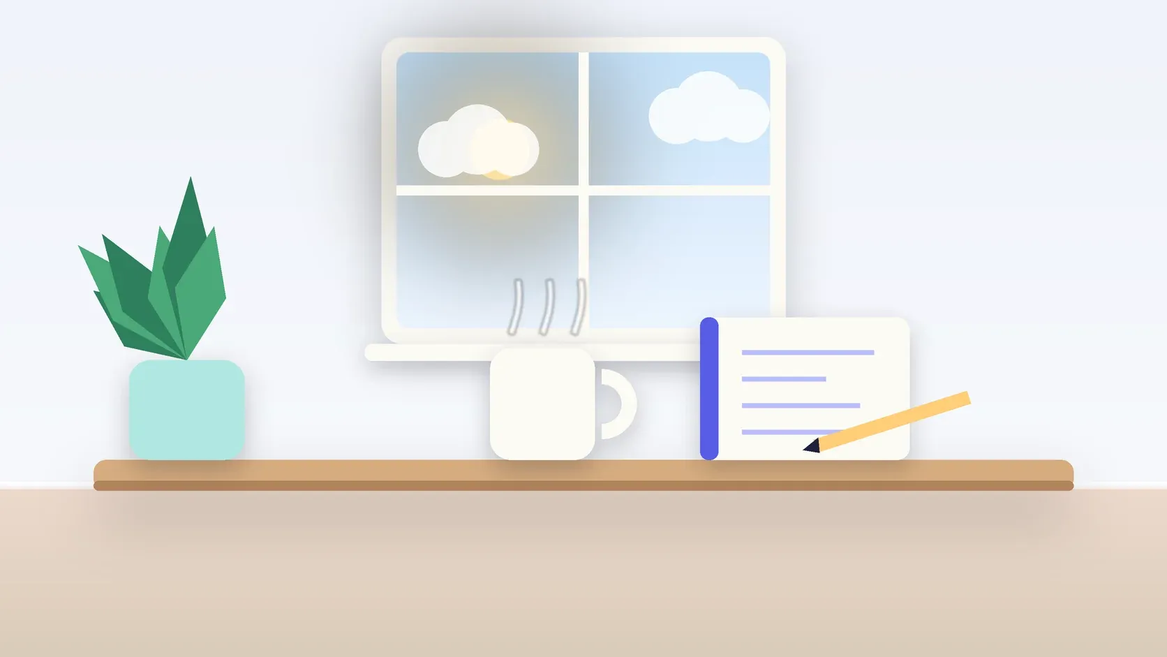 Illustration of a sunlit window above a desk with a large plant, a mug and a journal